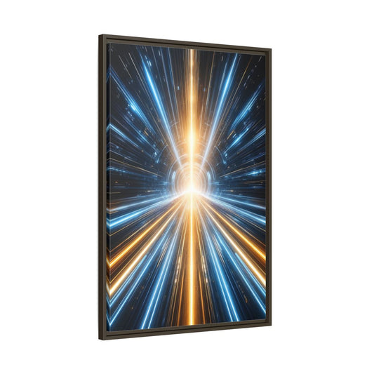 Main Mockup. Science Fiction Light Tunnel Blue And Orange Light shown as stretched canvas wall art