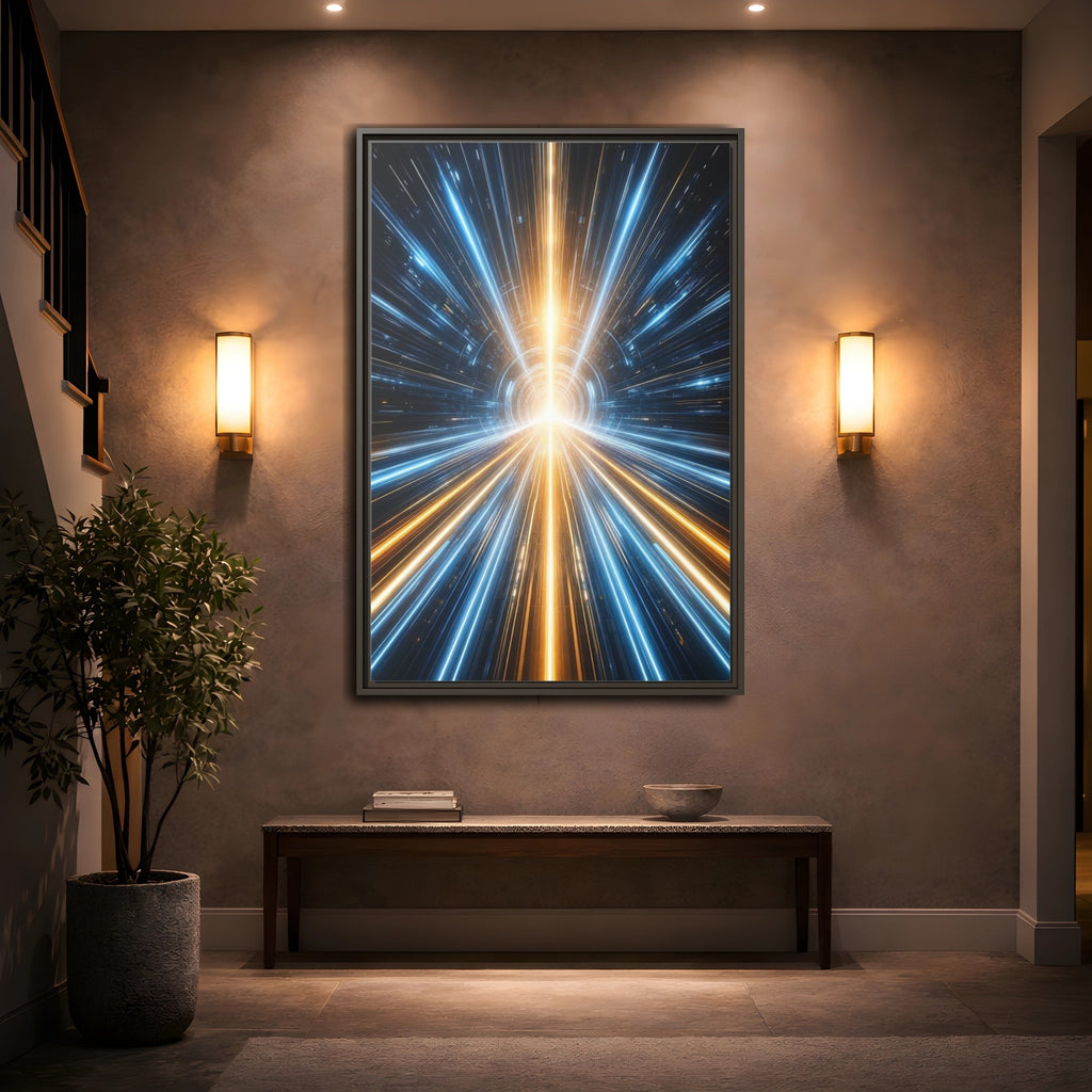 Mockup 2. Science Fiction Light Tunnel Blue And Orange Light shown as stretched canvas wall art