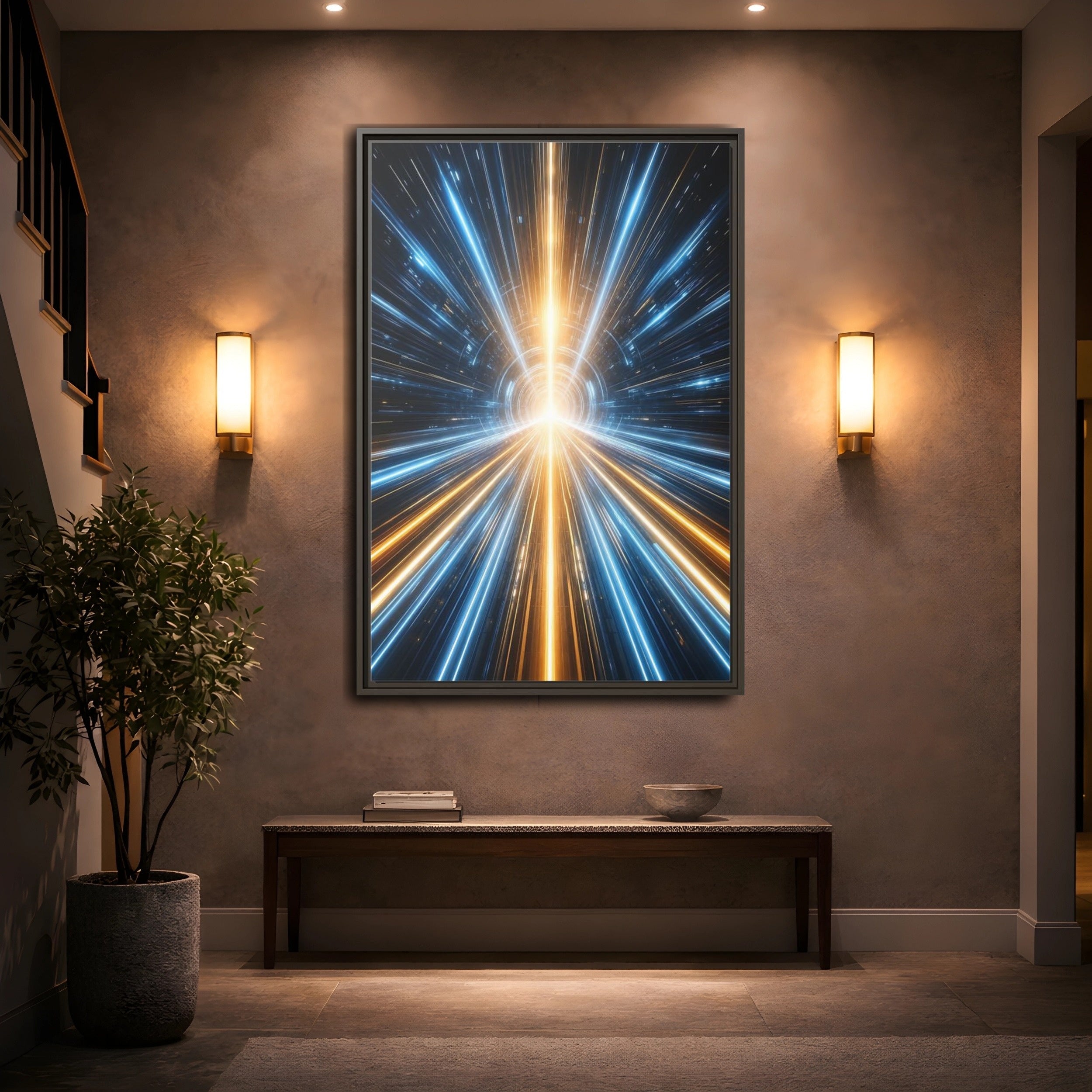 Mockup 2. Science Fiction Light Tunnel Blue And Orange Light shown as stretched canvas wall art