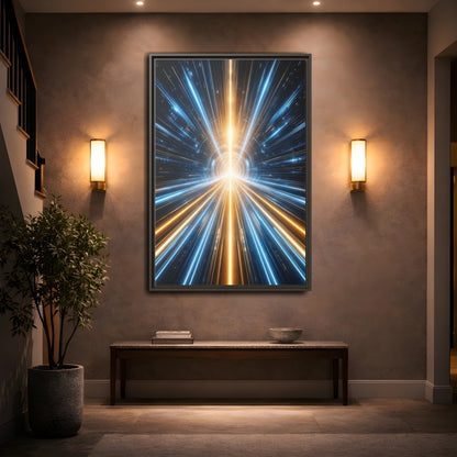 Science Fiction Light Tunnel Blue and Framed Canvas Wall Art - Abstract Living Room Above Sofa shown as canvas wall art