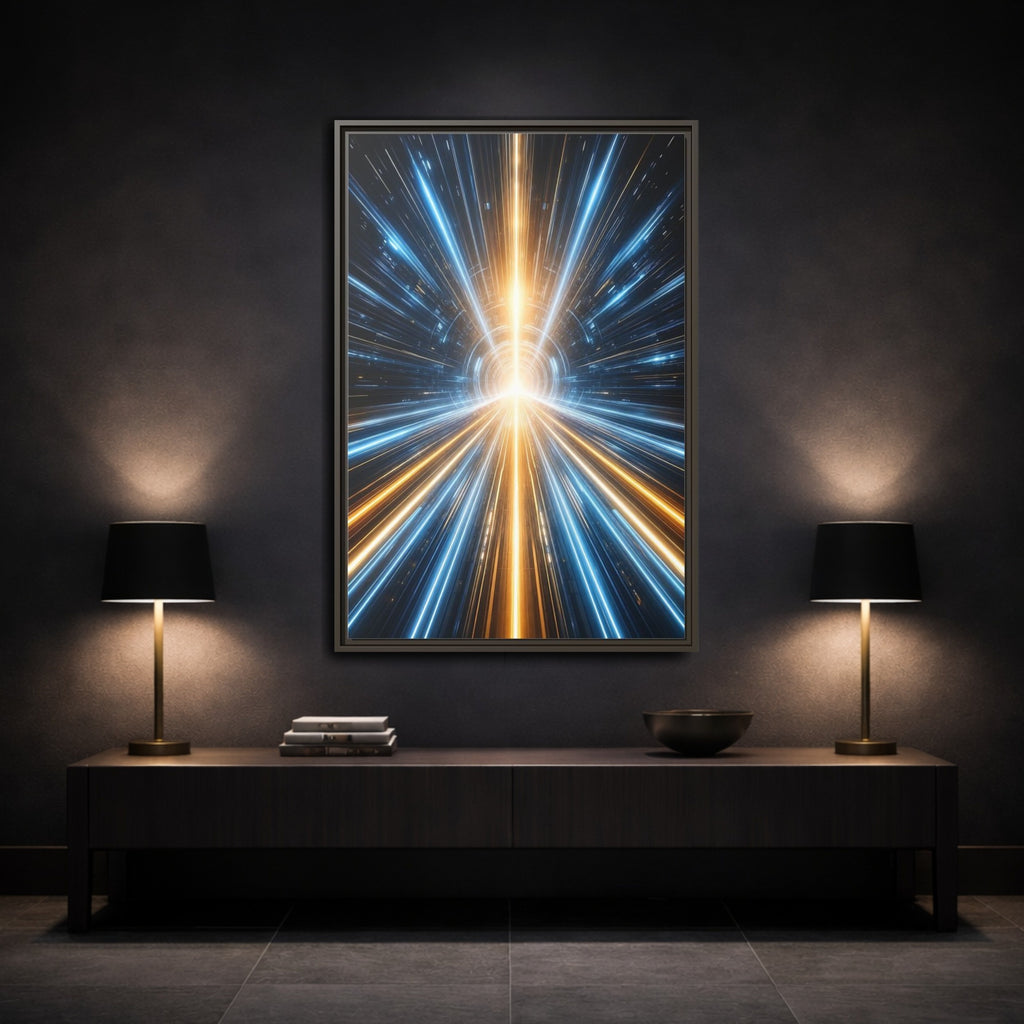 Mockup 3. Science Fiction Light Tunnel Blue And Orange Light shown as stretched canvas wall art