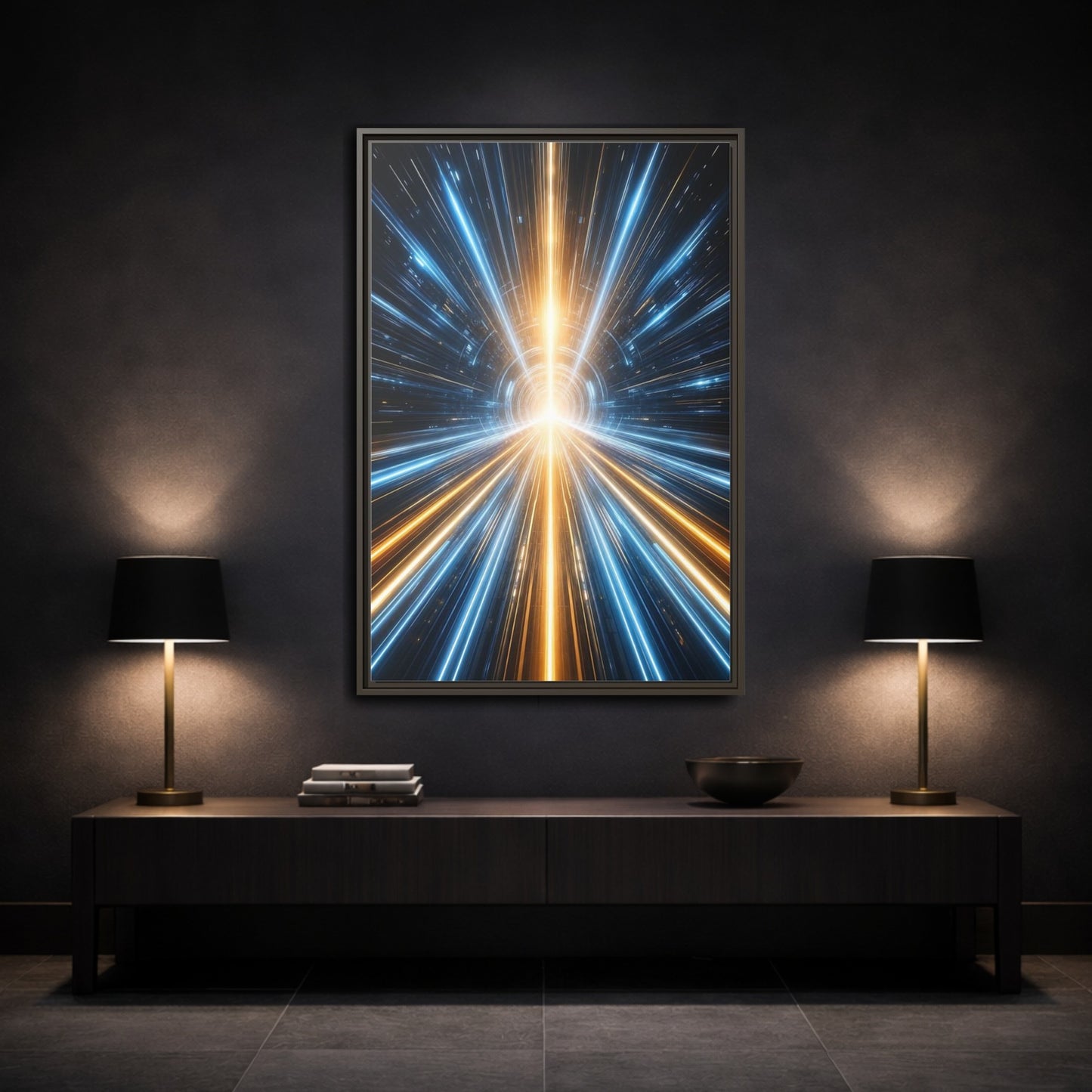 Science Fiction Light Tunnel Blue and Framed Canvas Wall Art - Abstract Living Room Above Sofa shown as canvas wall art