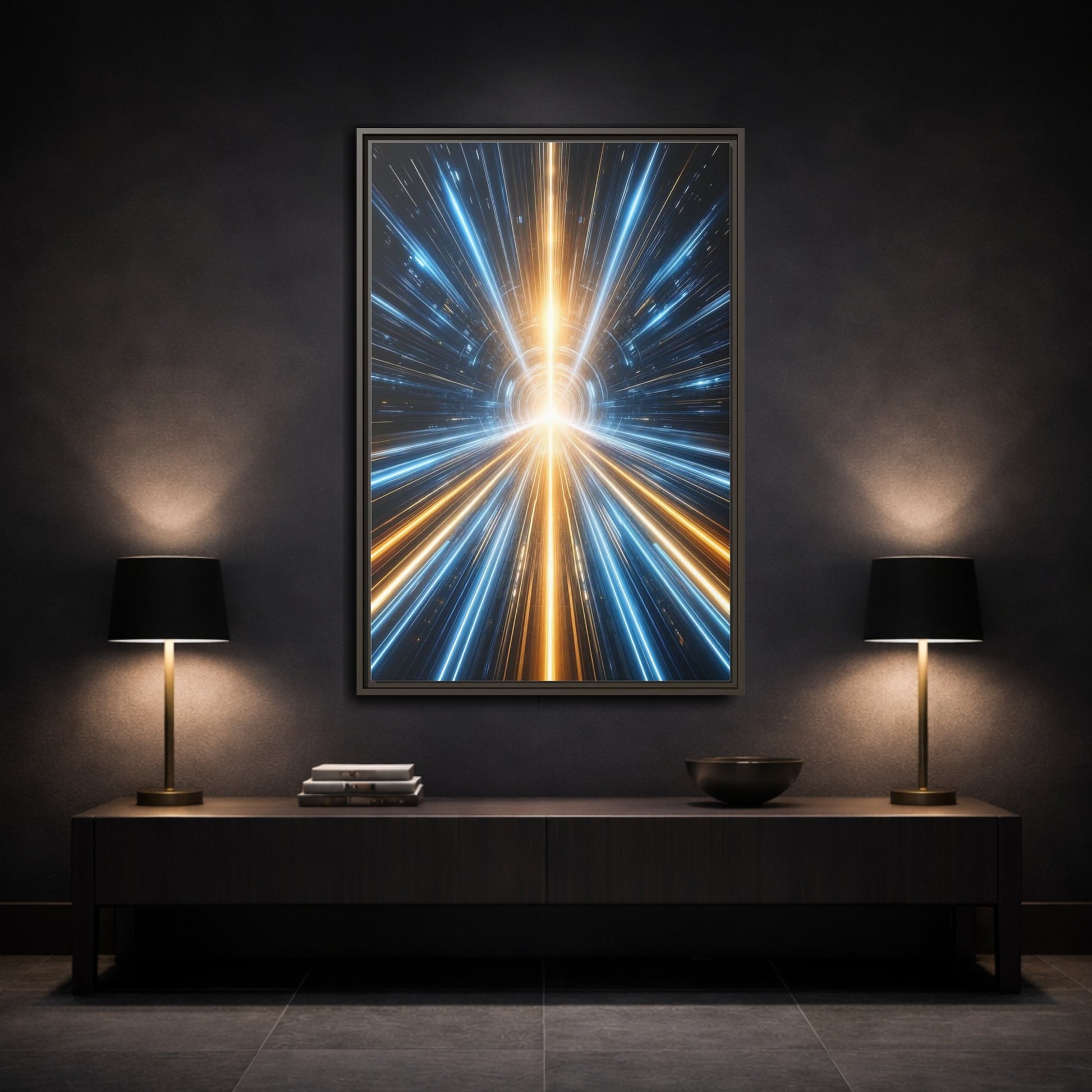 Science Fiction Light Tunnel Blue and Framed Canvas Wall Art - Abstract Living Room Above Sofa shown as canvas wall art