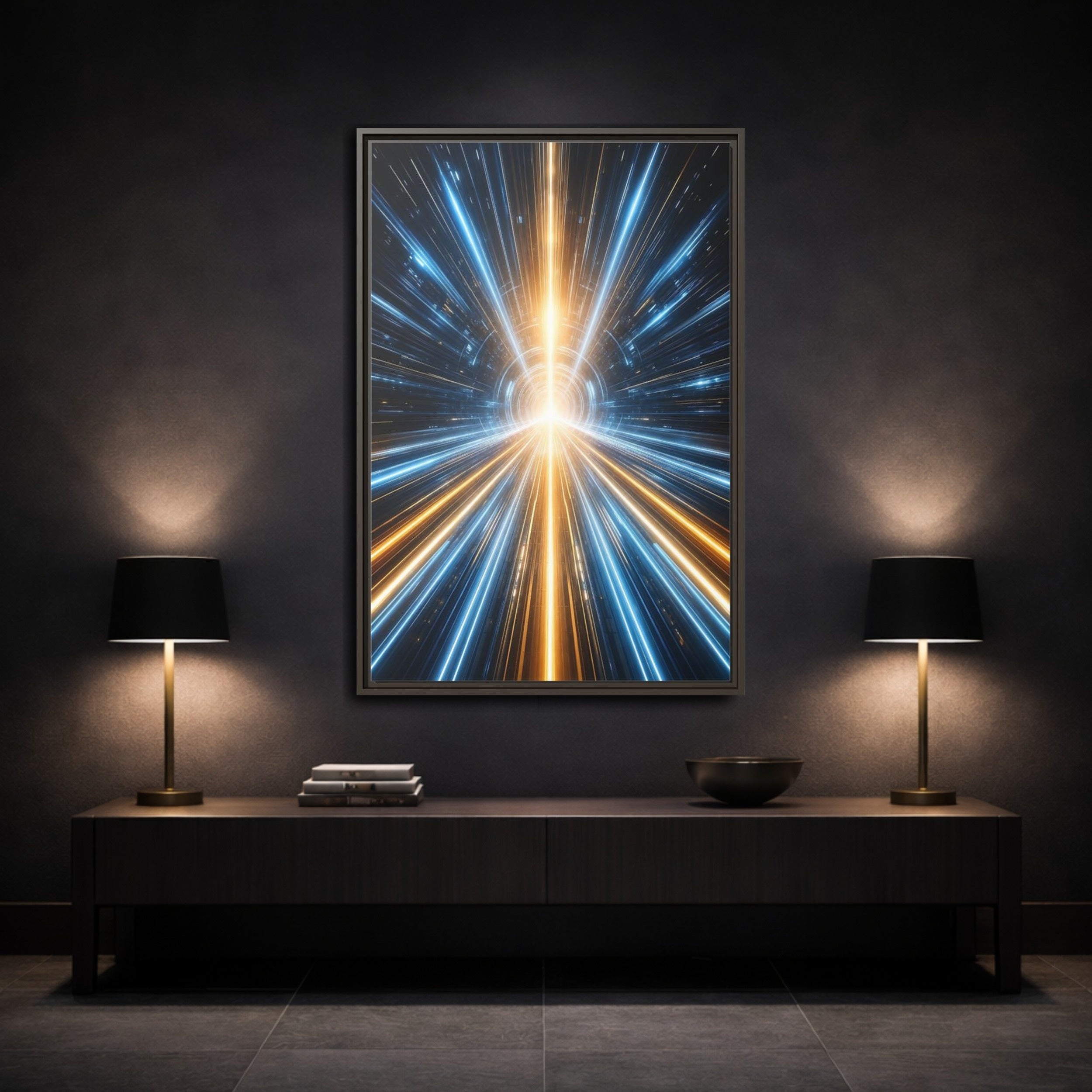 Mockup 3. Science Fiction Light Tunnel Blue And Orange Light shown as stretched canvas wall art