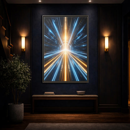 Science Fiction Light Tunnel Blue and Framed Canvas Wall Art - Abstract Living Room Above Sofa shown as canvas wall art