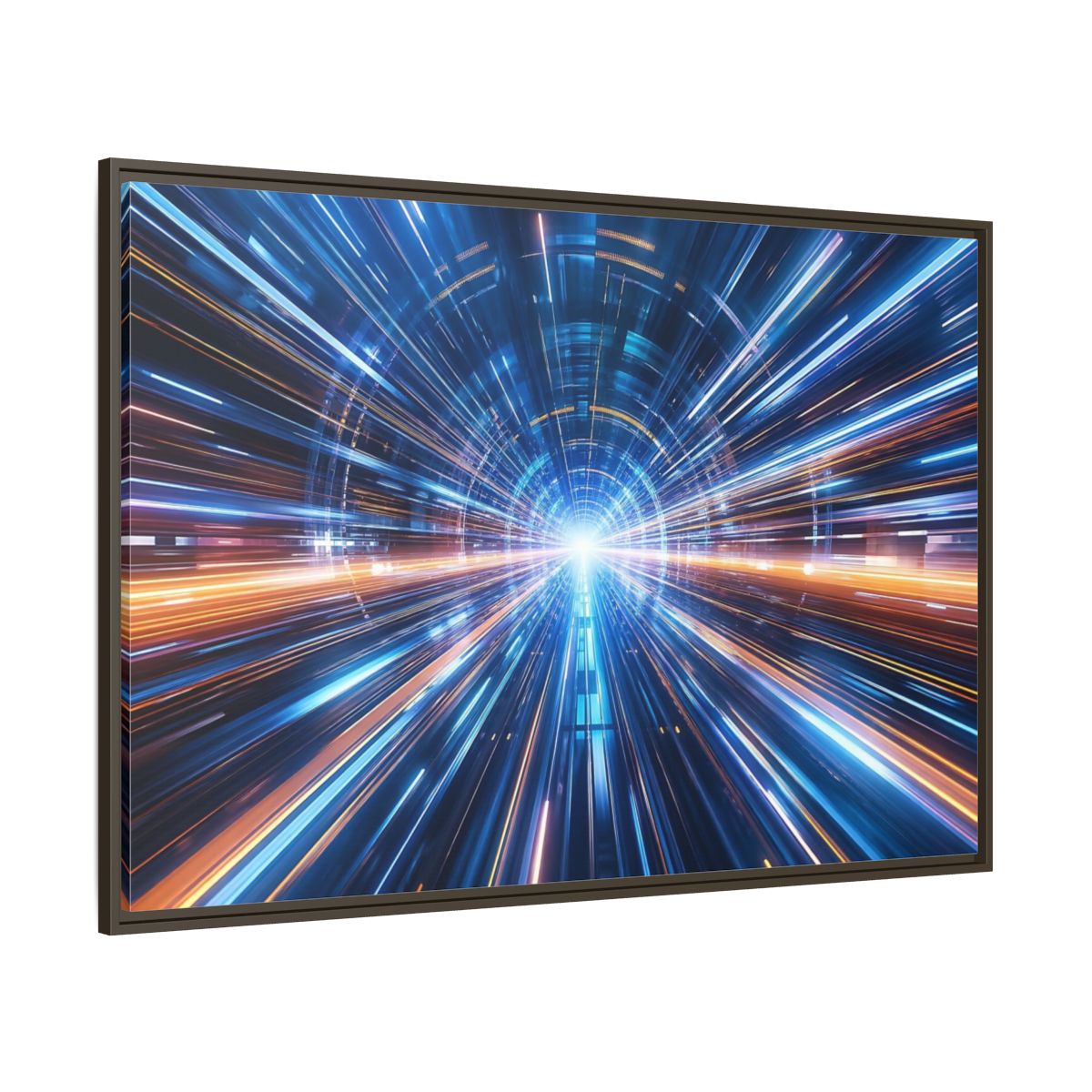 Side Mockup 8. Science Fiction Light Tunnel Blue Orange Light shown as stretched canvas wall art