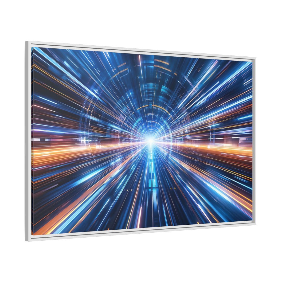 Side Mockup 7. Science Fiction Light Tunnel Blue Orange Light shown as stretched canvas wall art