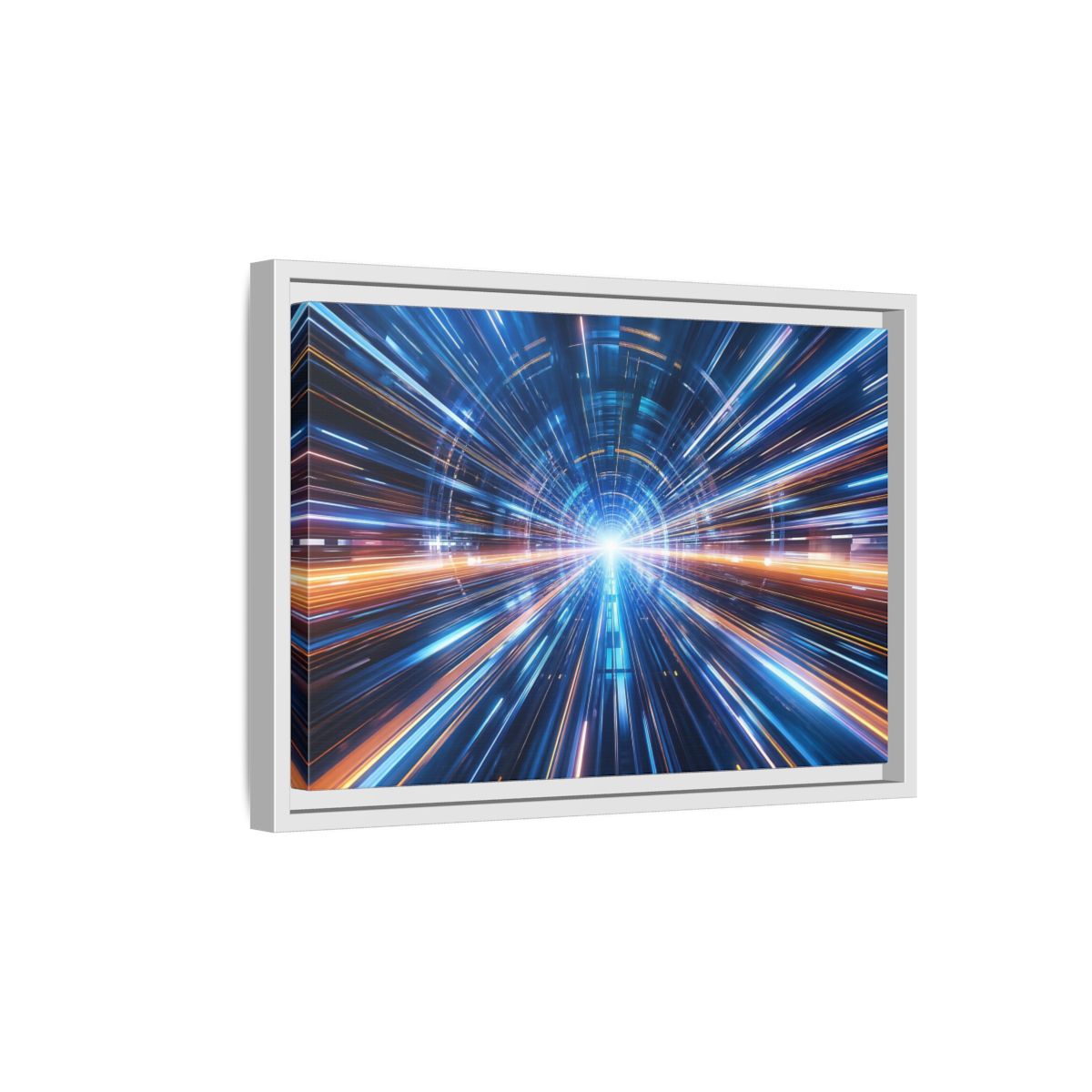 Side Mockup 4. Science Fiction Light Tunnel Blue Orange Light shown as stretched canvas wall art