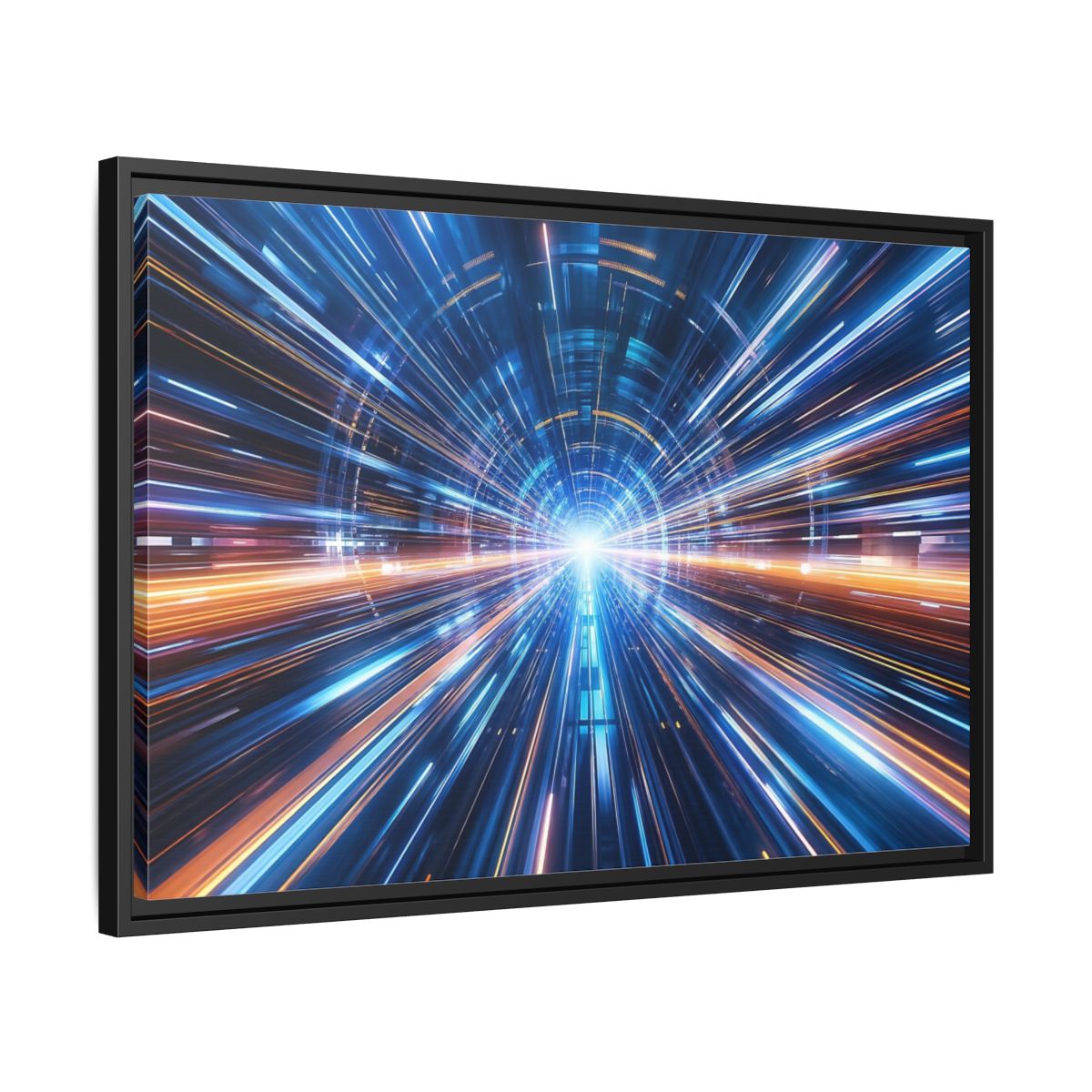 Side Mockup 14. Science Fiction Light Tunnel Blue Orange Light shown as stretched canvas wall art