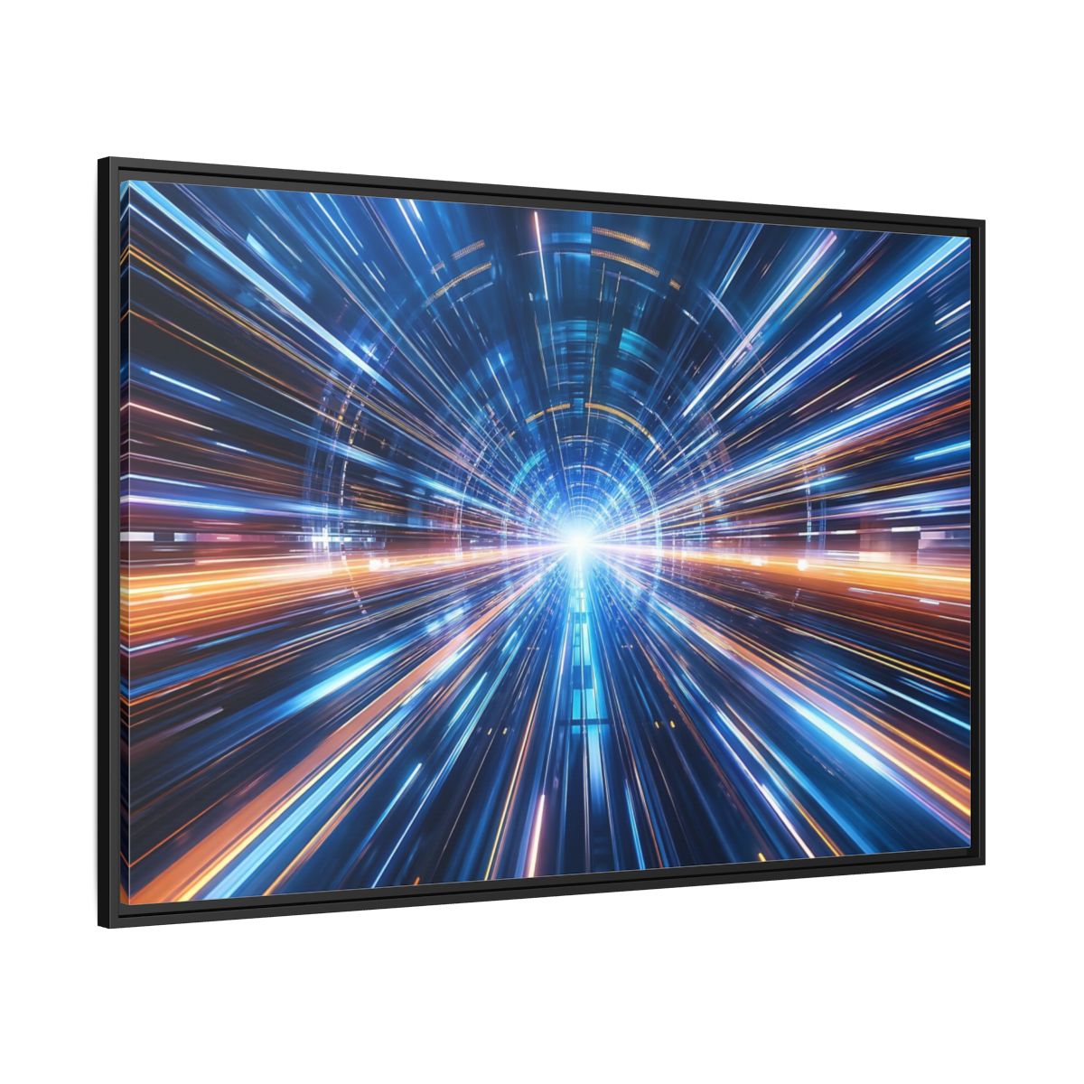 Side Mockup 12. Science Fiction Light Tunnel Blue Orange Light shown as stretched canvas wall art