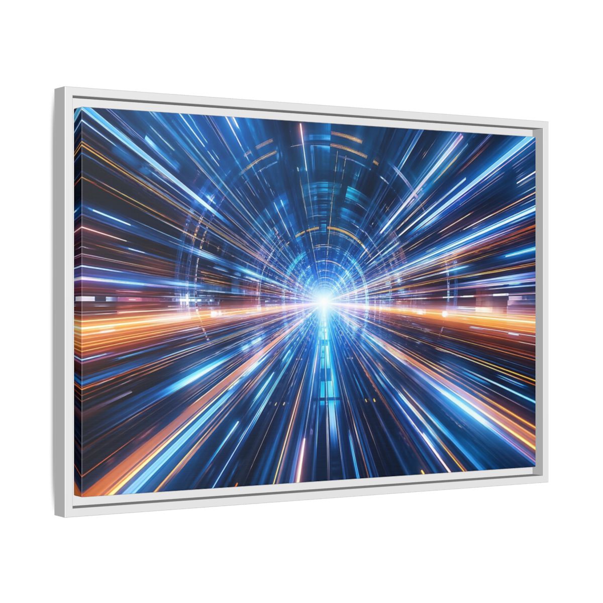 Side Mockup 10. Science Fiction Light Tunnel Blue Orange Light shown as stretched canvas wall art
