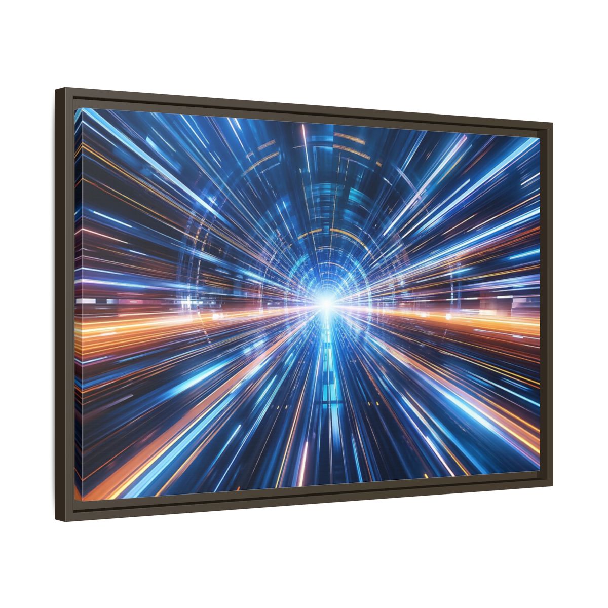 Side Mockup 11. Science Fiction Light Tunnel Blue Orange Light shown as stretched canvas wall art
