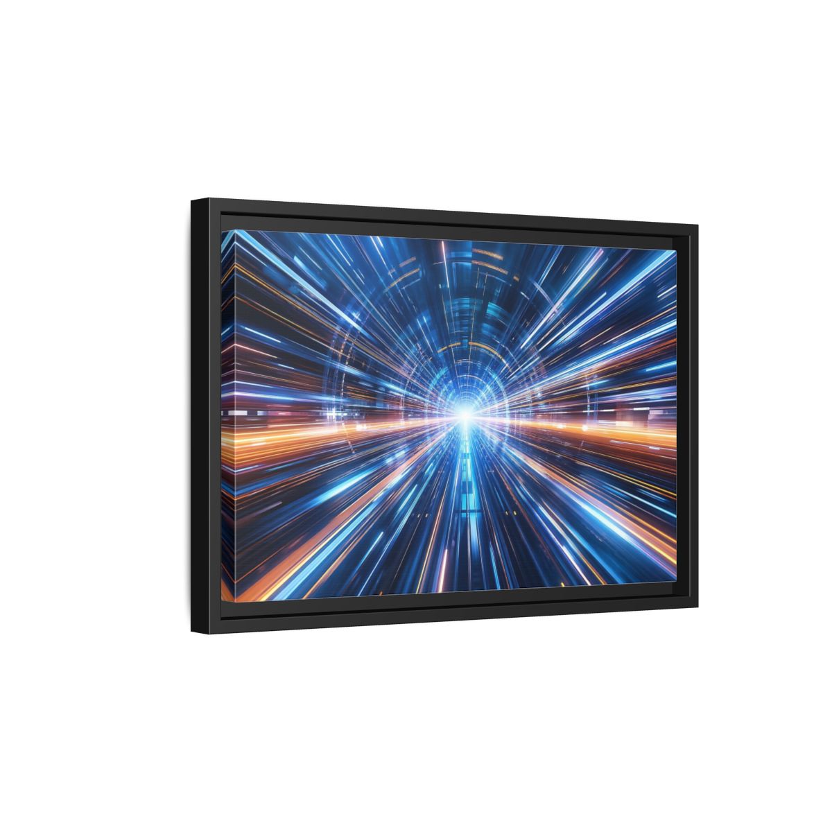 Side Mockup 6. Science Fiction Light Tunnel Blue Orange Light shown as stretched canvas wall art