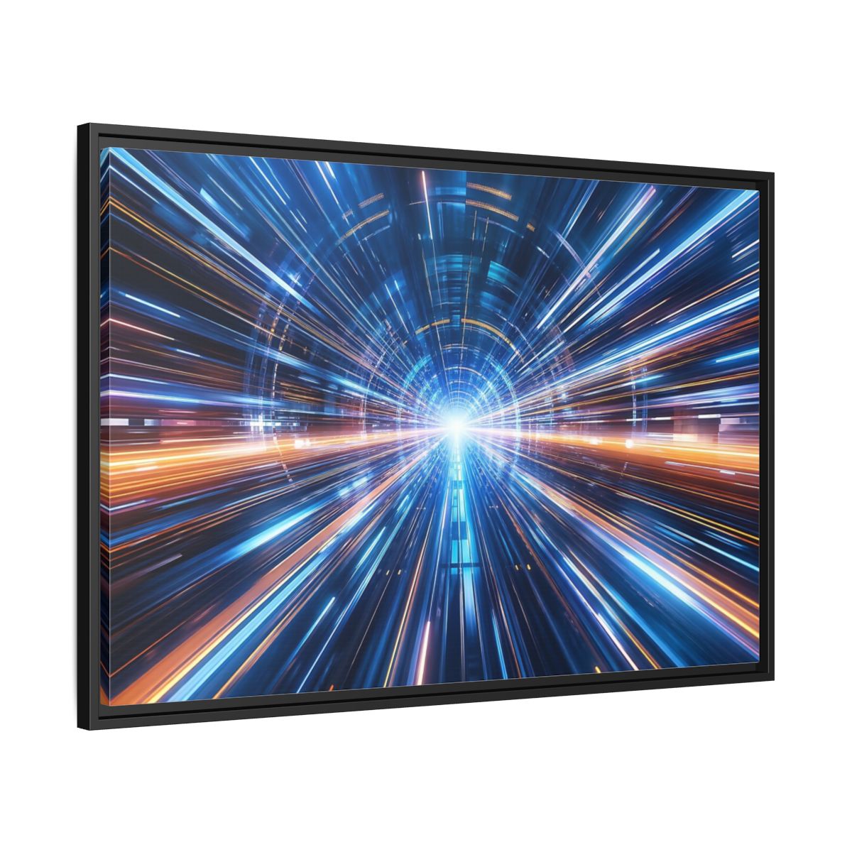 Side Mockup 13. Science Fiction Light Tunnel Blue Orange Light shown as stretched canvas wall art