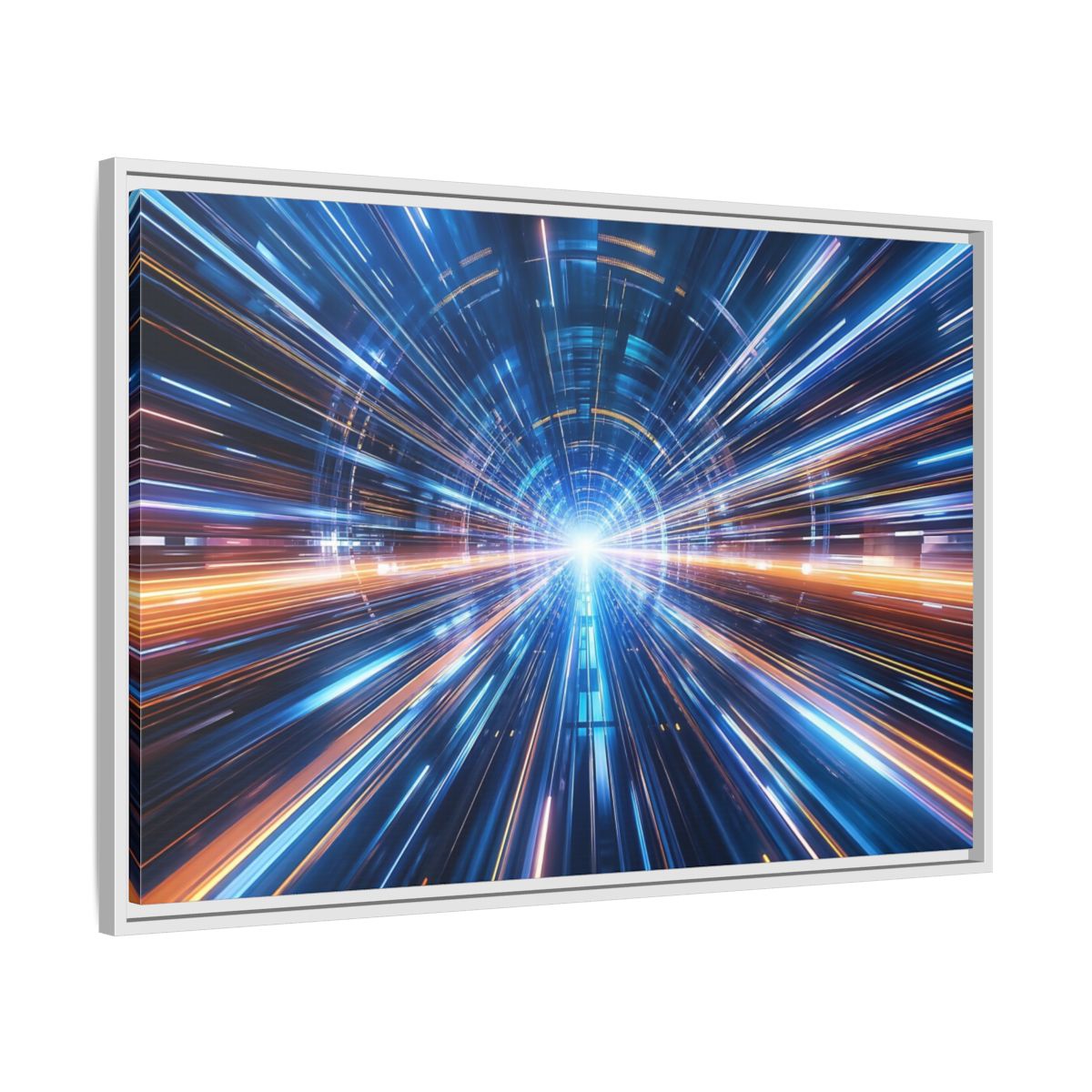 Side Mockup 9. Science Fiction Light Tunnel Blue Orange Light shown as stretched canvas wall art