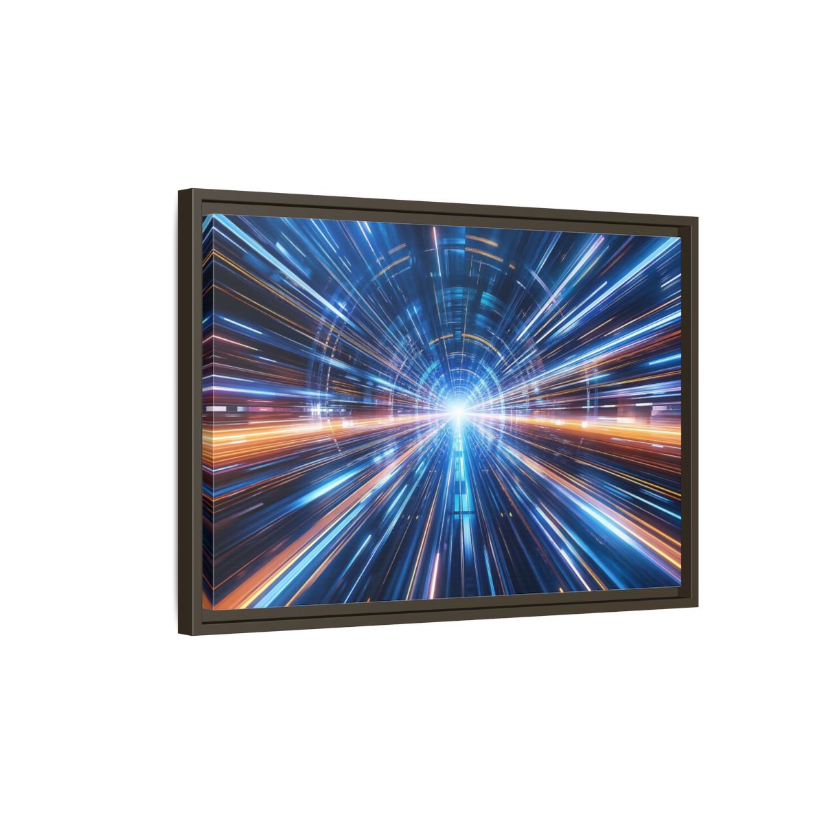 Side Mockup 2. Science Fiction Light Tunnel Blue Orange Light shown as stretched canvas wall art