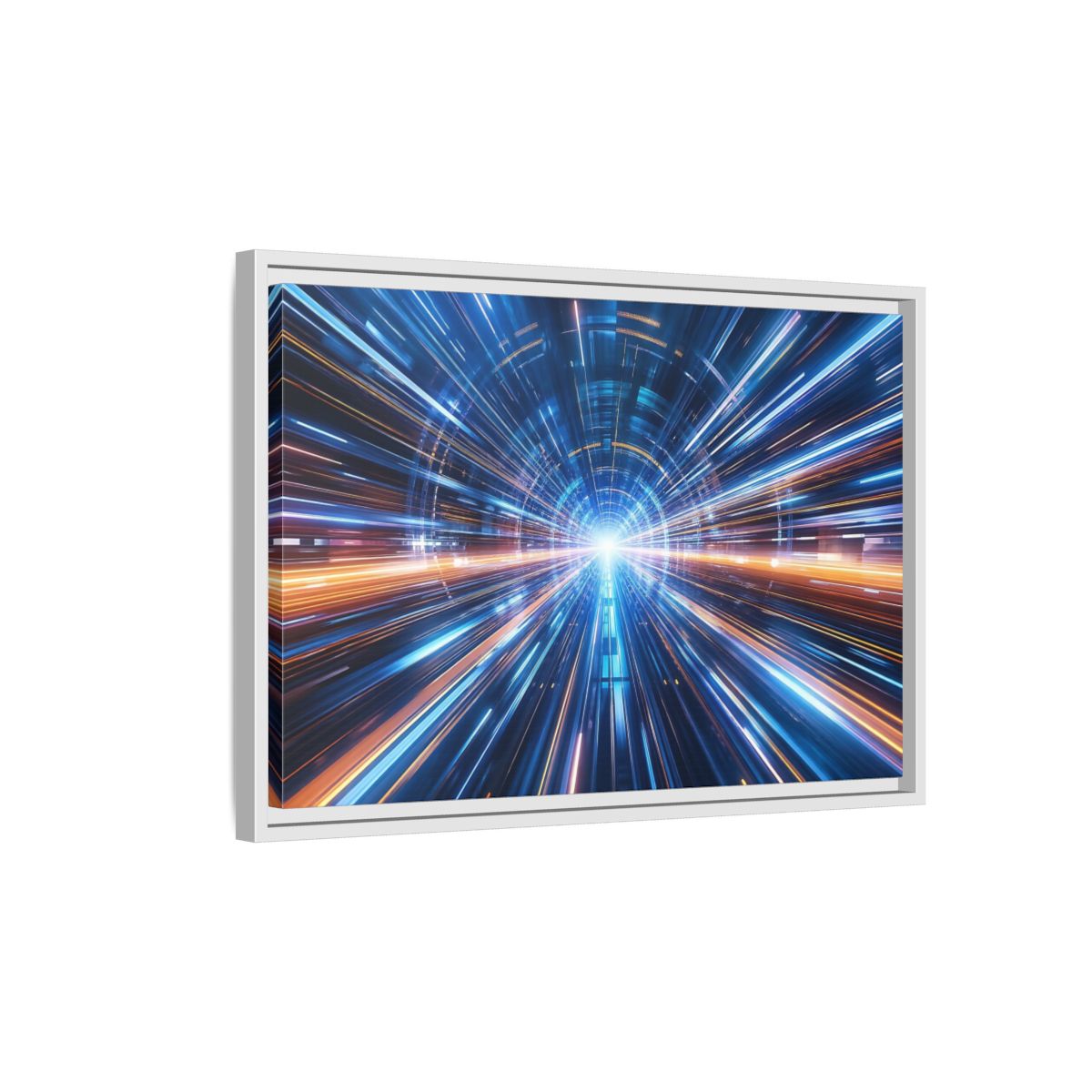 Side Mockup 1. Science Fiction Light Tunnel Blue Orange Light shown as stretched canvas wall art