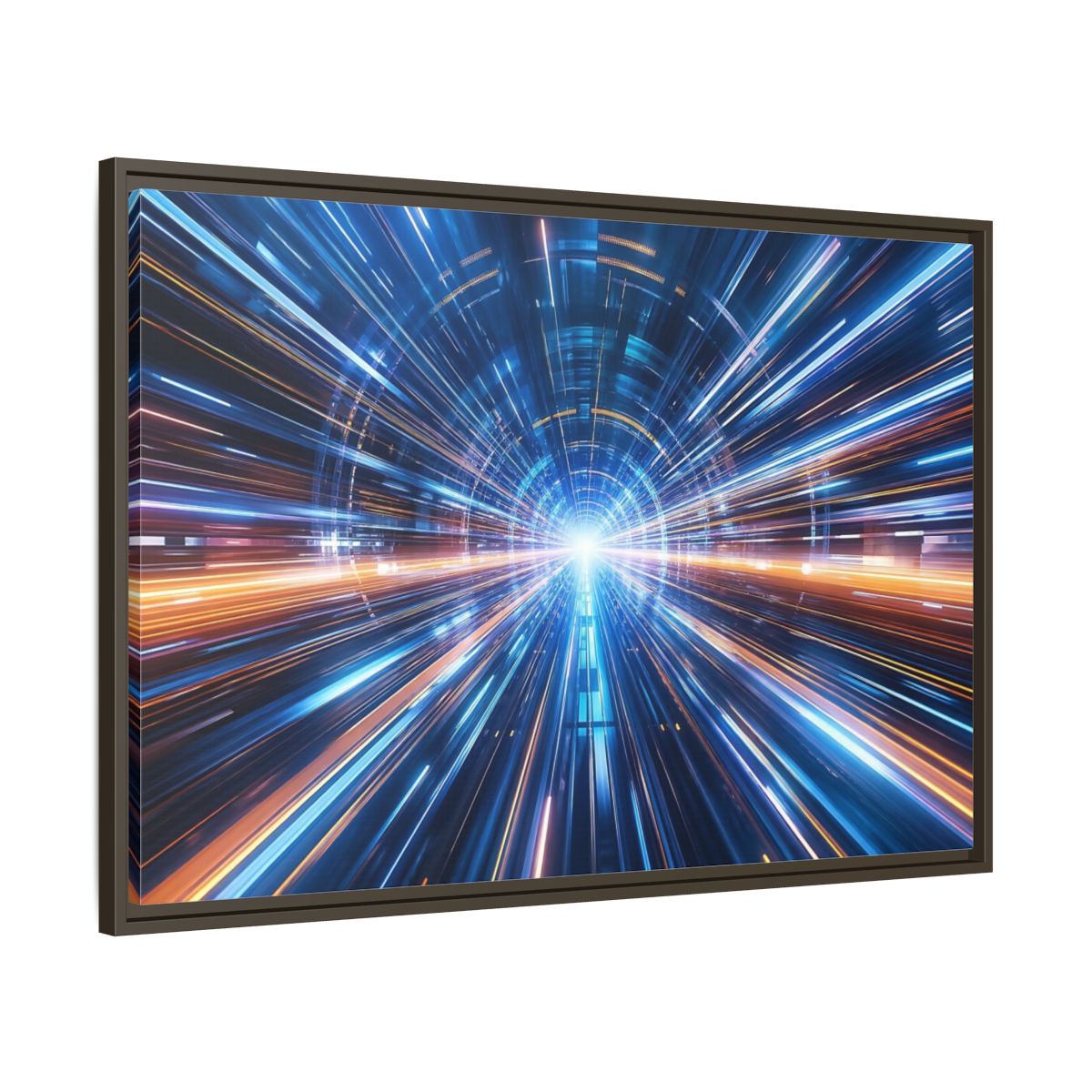 Main Mockup. Science Fiction Light Tunnel Blue Orange Light shown as stretched canvas wall art