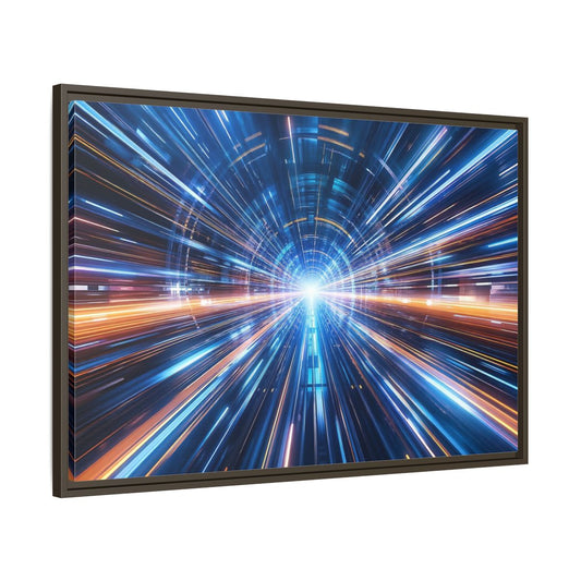 Main Mockup. Science Fiction Light Tunnel Blue Orange Light shown as stretched canvas wall art