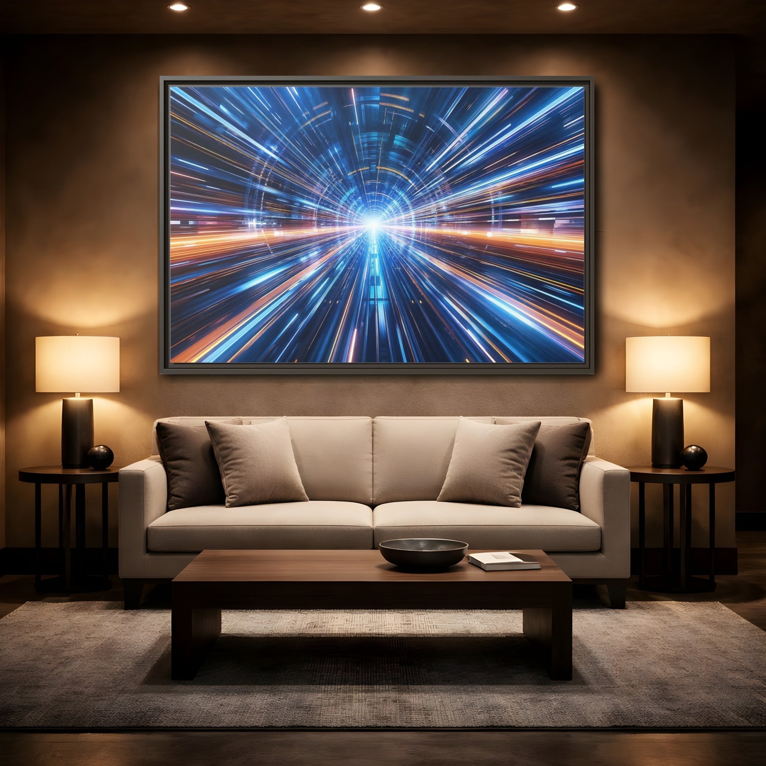 Mockup 2. Science Fiction Light Tunnel Blue Orange Light shown as stretched canvas wall art