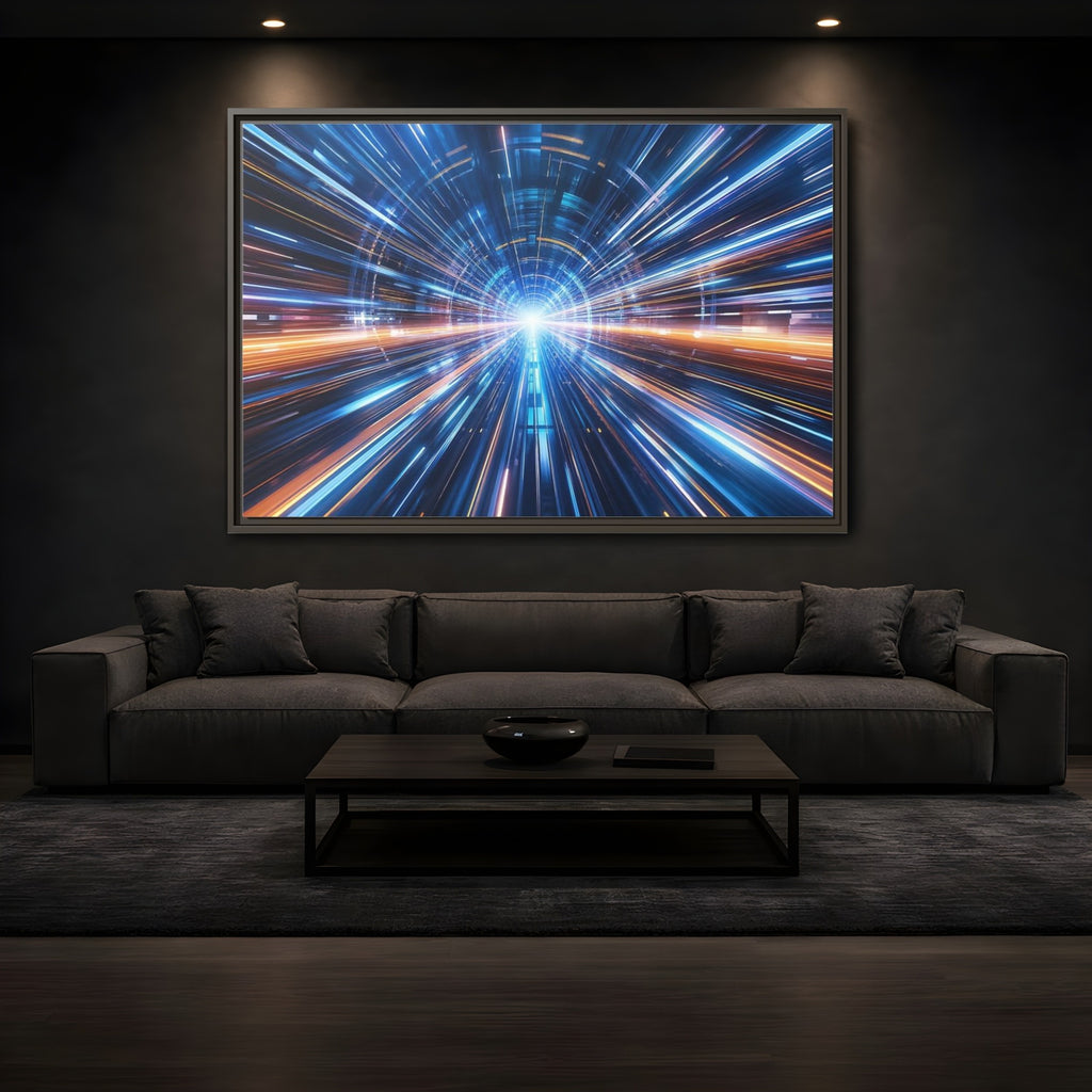 Mockup 3. Science Fiction Light Tunnel Blue Orange Light shown as stretched canvas wall art
