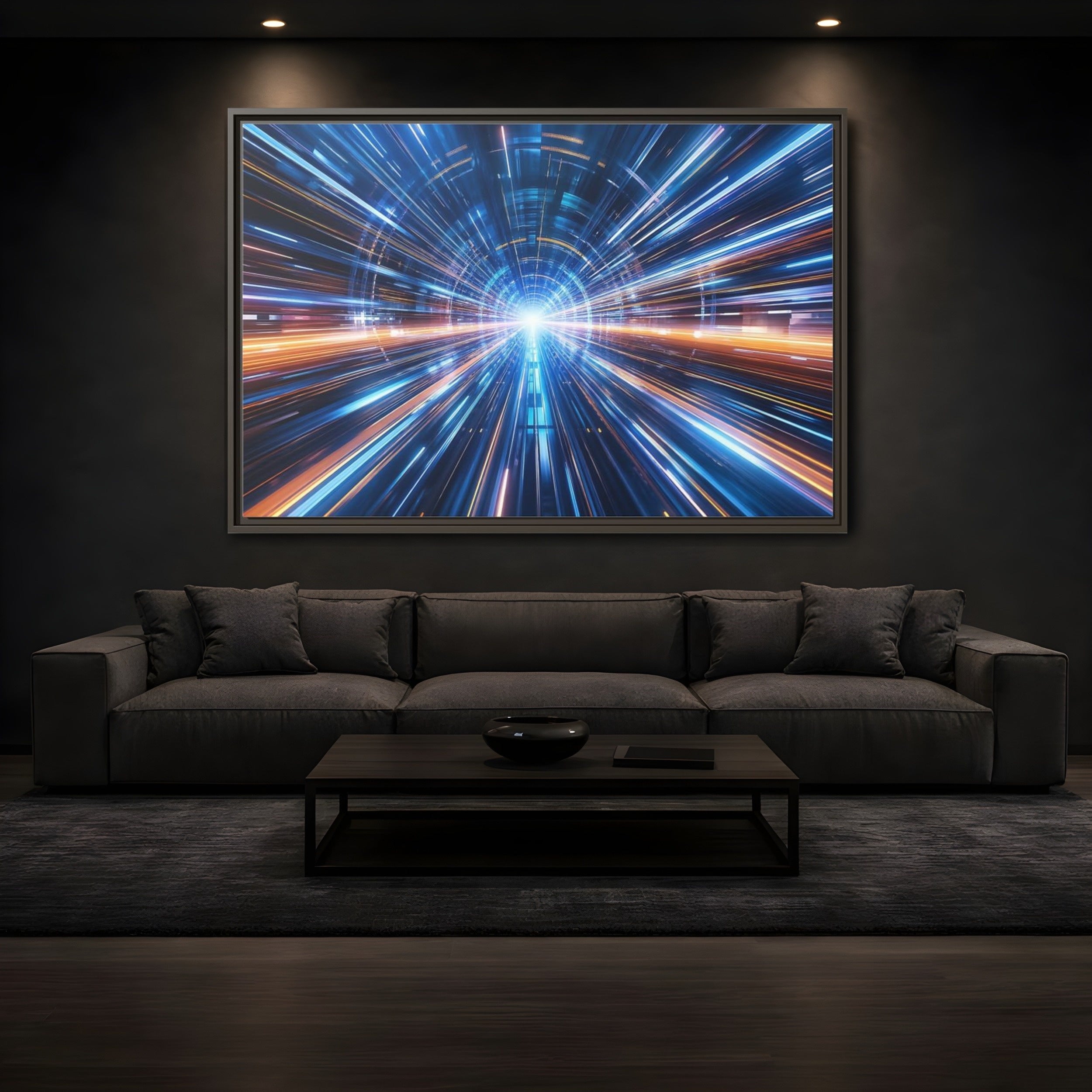 Mockup 3. Science Fiction Light Tunnel Blue Orange Light shown as stretched canvas wall art