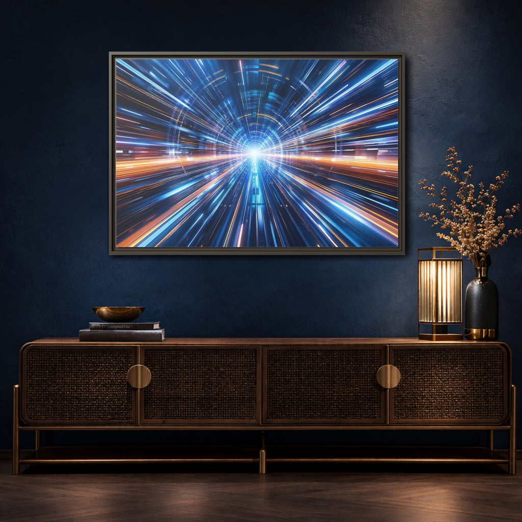 Mockup 4. Science Fiction Light Tunnel Blue Orange Light shown as stretched canvas wall art