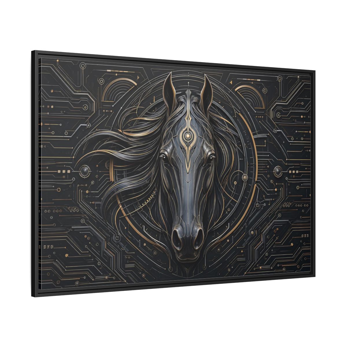 Side Mockup 12. Science Fiction Mechanical Horse Black And Gold shown as stretched canvas wall art