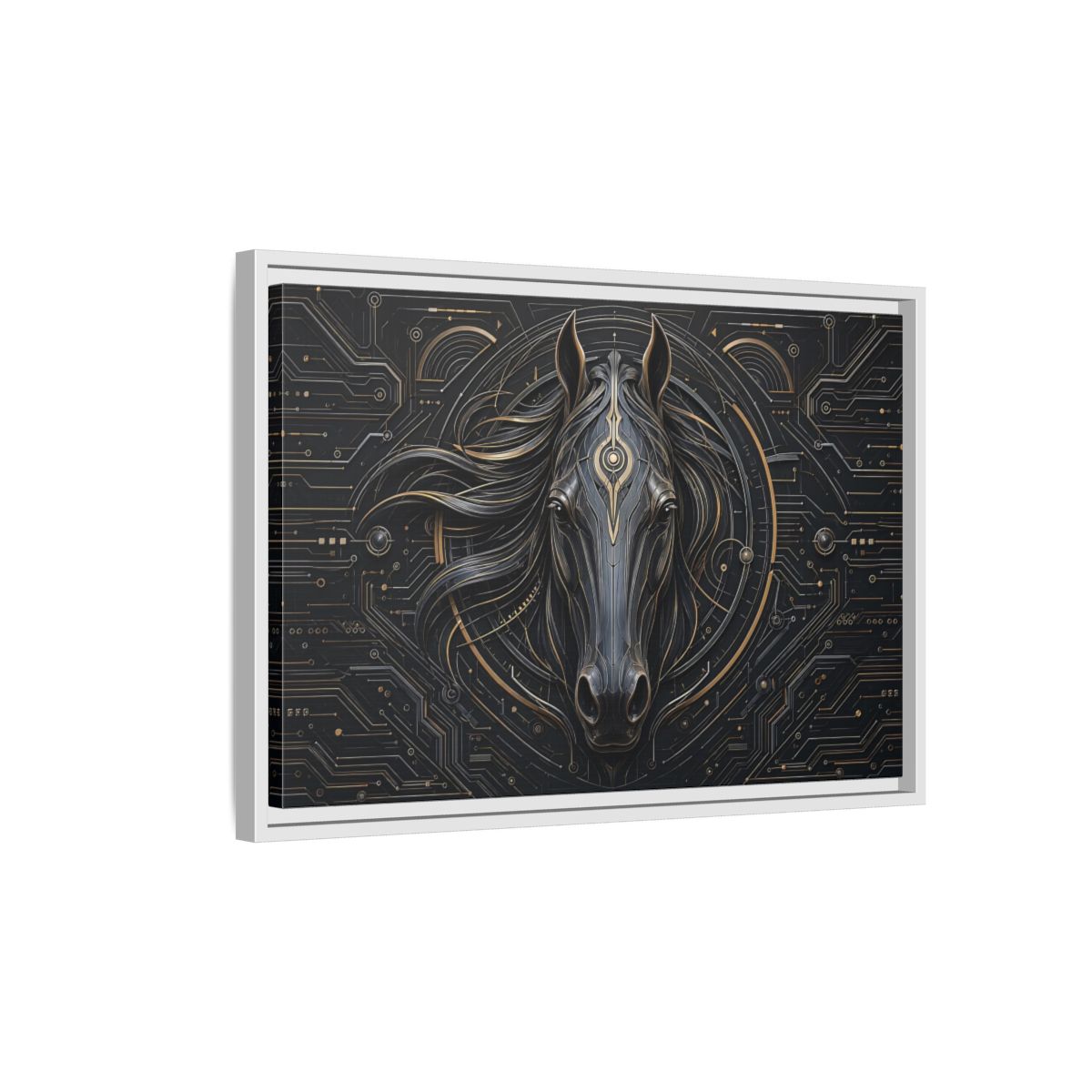 Side Mockup 1. Science Fiction Mechanical Horse Black And Gold shown as stretched canvas wall art