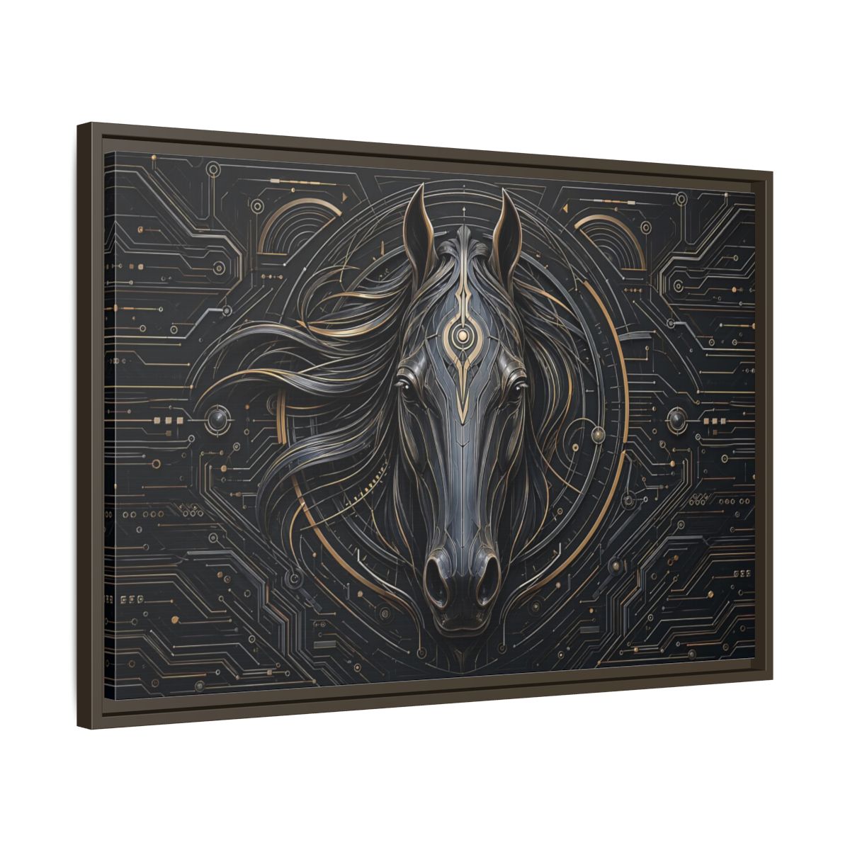 Side Mockup 11. Science Fiction Mechanical Horse Black And Gold shown as stretched canvas wall art
