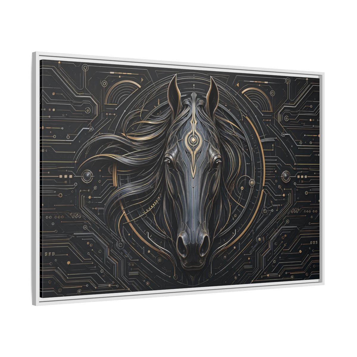 Side Mockup 7. Science Fiction Mechanical Horse Black And Gold shown as stretched canvas wall art