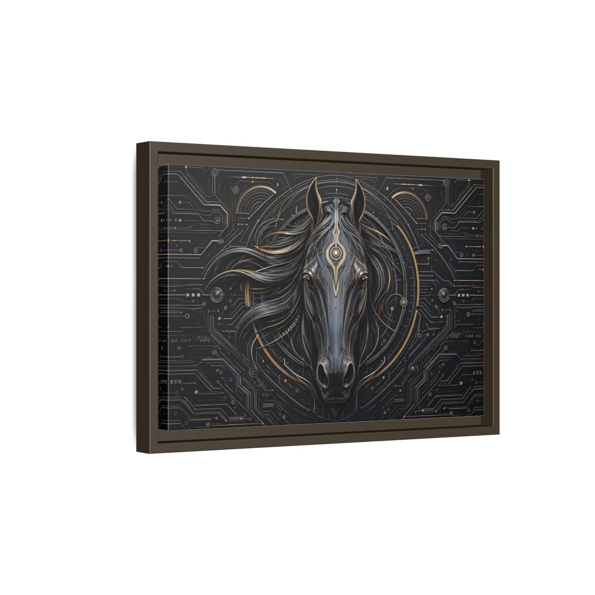 Side Mockup 5. Science Fiction Mechanical Horse Black And Gold shown as stretched canvas wall art