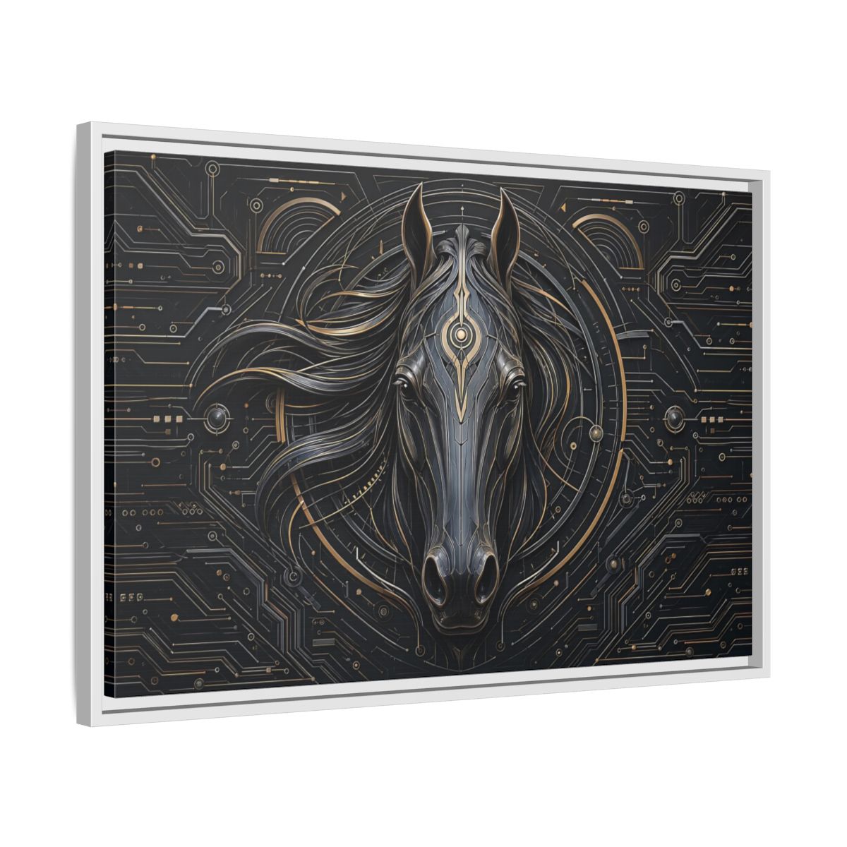 Side Mockup 10. Science Fiction Mechanical Horse Black And Gold shown as stretched canvas wall art