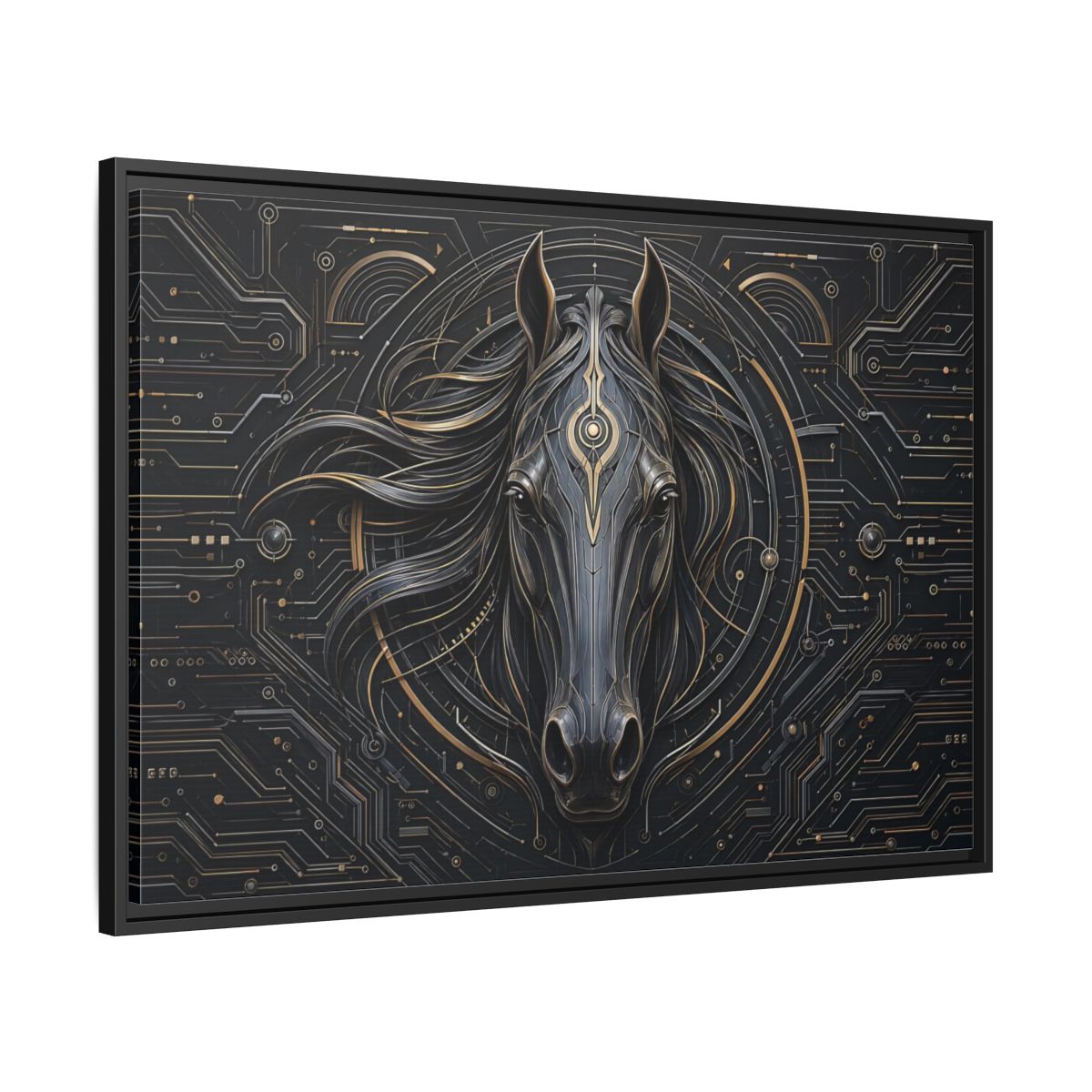 Side Mockup 13. Science Fiction Mechanical Horse Black And Gold shown as stretched canvas wall art