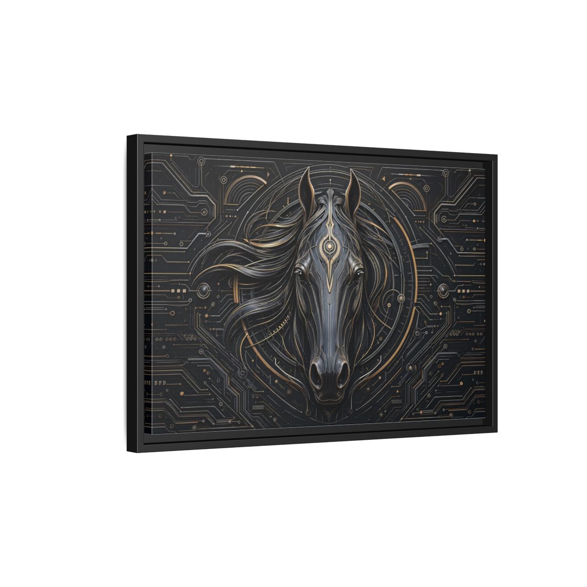Side Mockup 3. Science Fiction Mechanical Horse Black And Gold shown as stretched canvas wall art