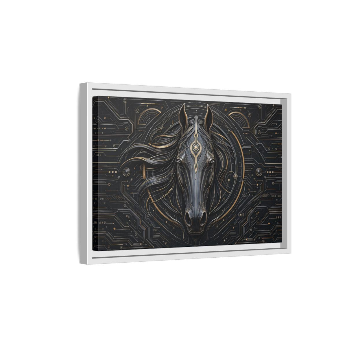 Side Mockup 4. Science Fiction Mechanical Horse Black And Gold shown as stretched canvas wall art