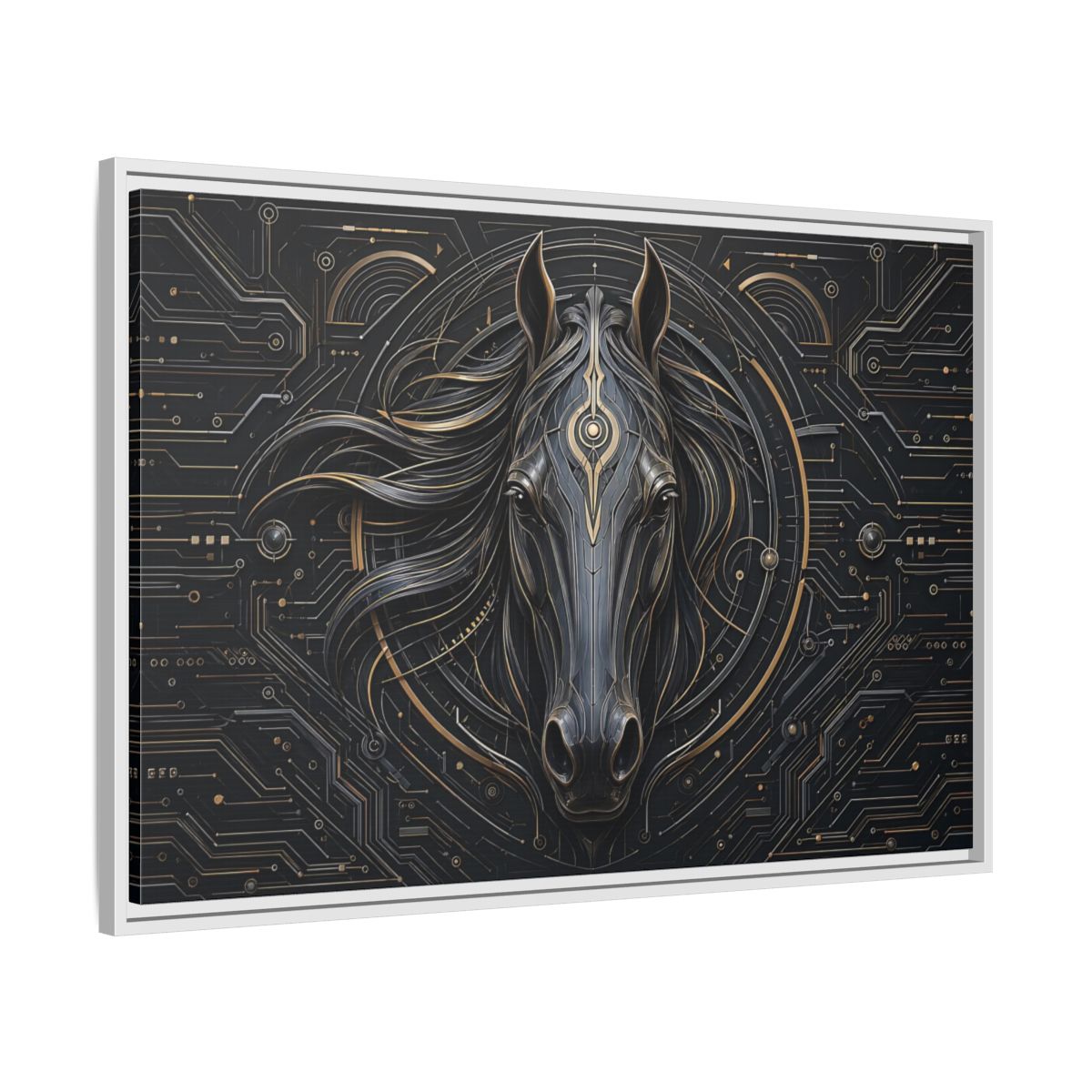 Side Mockup 9. Science Fiction Mechanical Horse Black And Gold shown as stretched canvas wall art