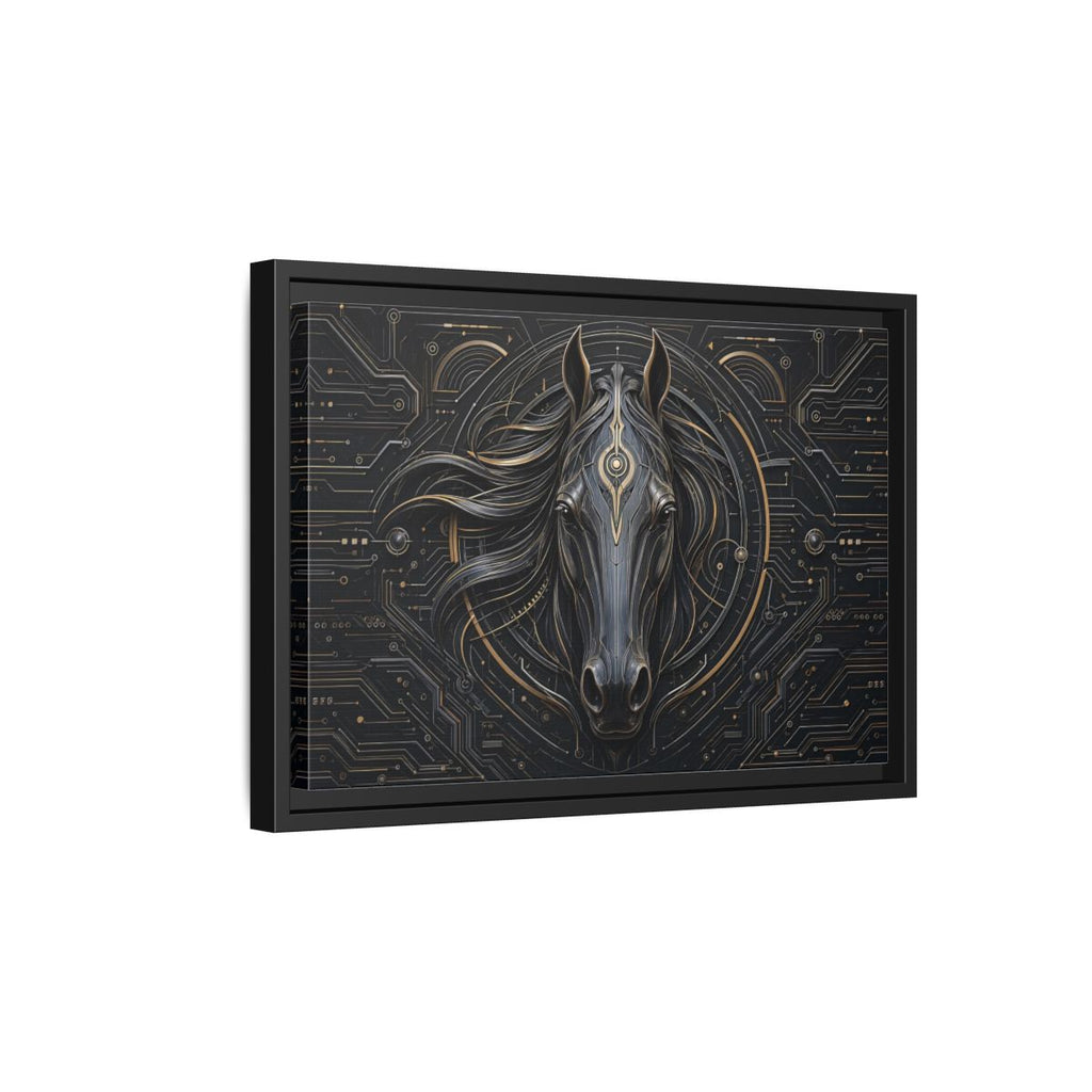 Side Mockup 6. Science Fiction Mechanical Horse Black And Gold shown as stretched canvas wall art