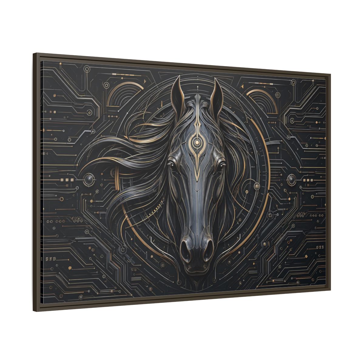 Side Mockup 8. Science Fiction Mechanical Horse Black And Gold shown as stretched canvas wall art