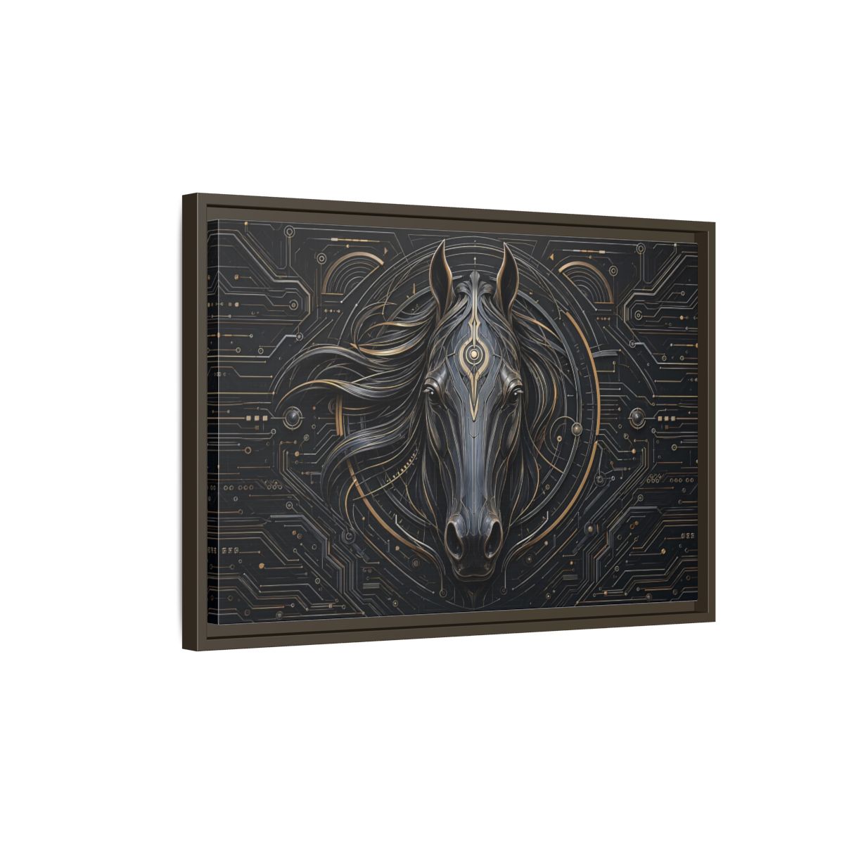 Side Mockup 2. Science Fiction Mechanical Horse Black And Gold shown as stretched canvas wall art