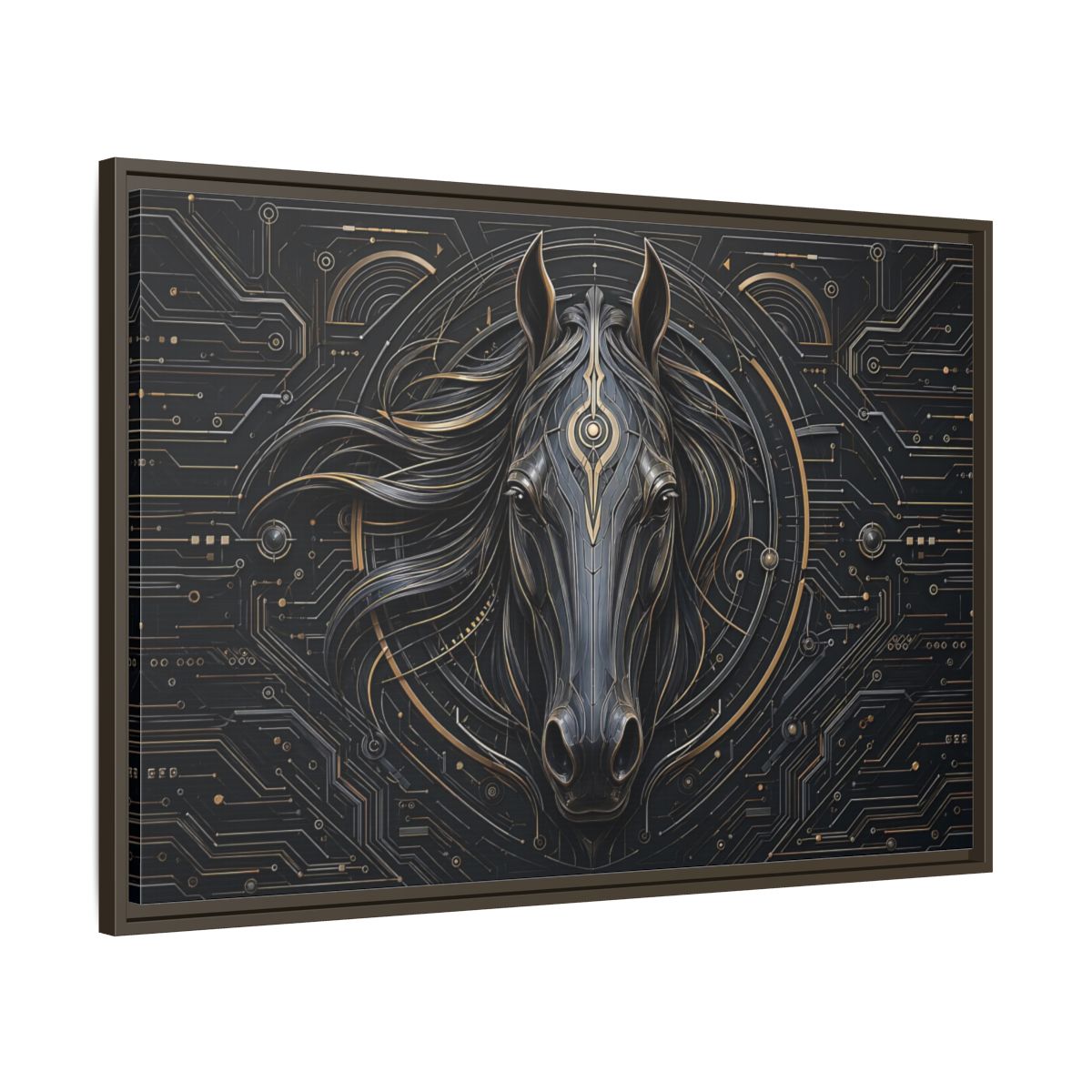 Main Mockup. Science Fiction Mechanical Horse Black And Gold shown as stretched canvas wall art