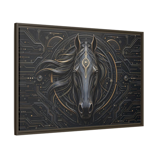 Main Mockup. Science Fiction Mechanical Horse Black And Gold shown as stretched canvas wall art