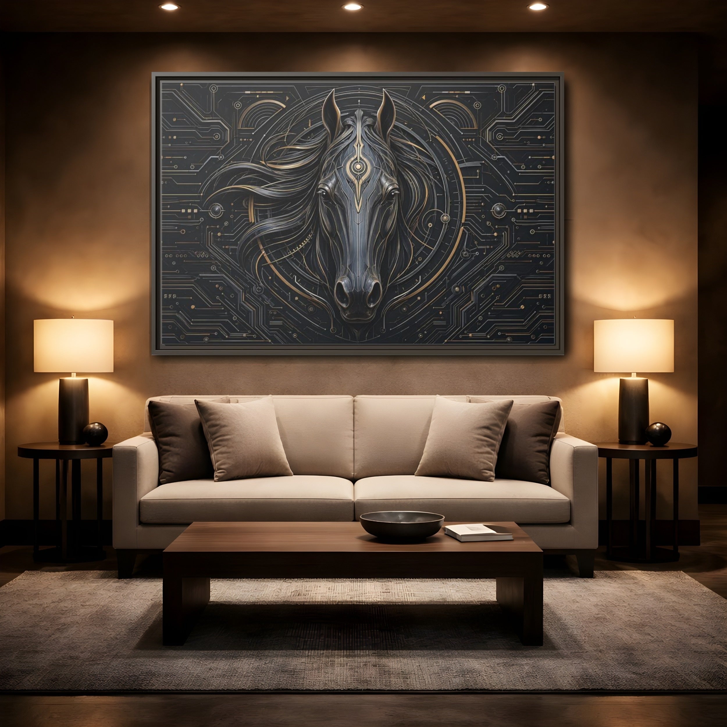 Mockup 2. Science Fiction Mechanical Horse Black And Gold shown as stretched canvas wall art