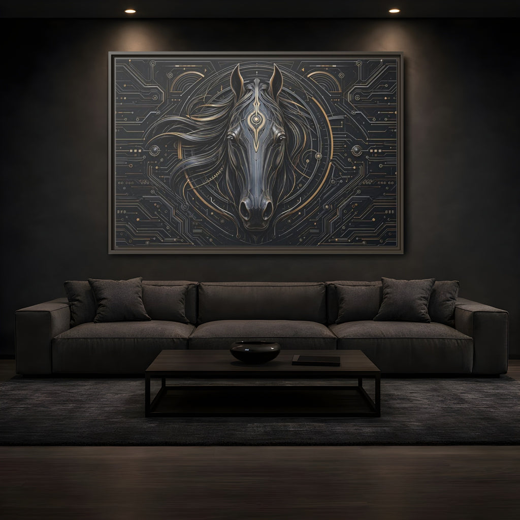 Mockup 3. Science Fiction Mechanical Horse Black And Gold shown as stretched canvas wall art