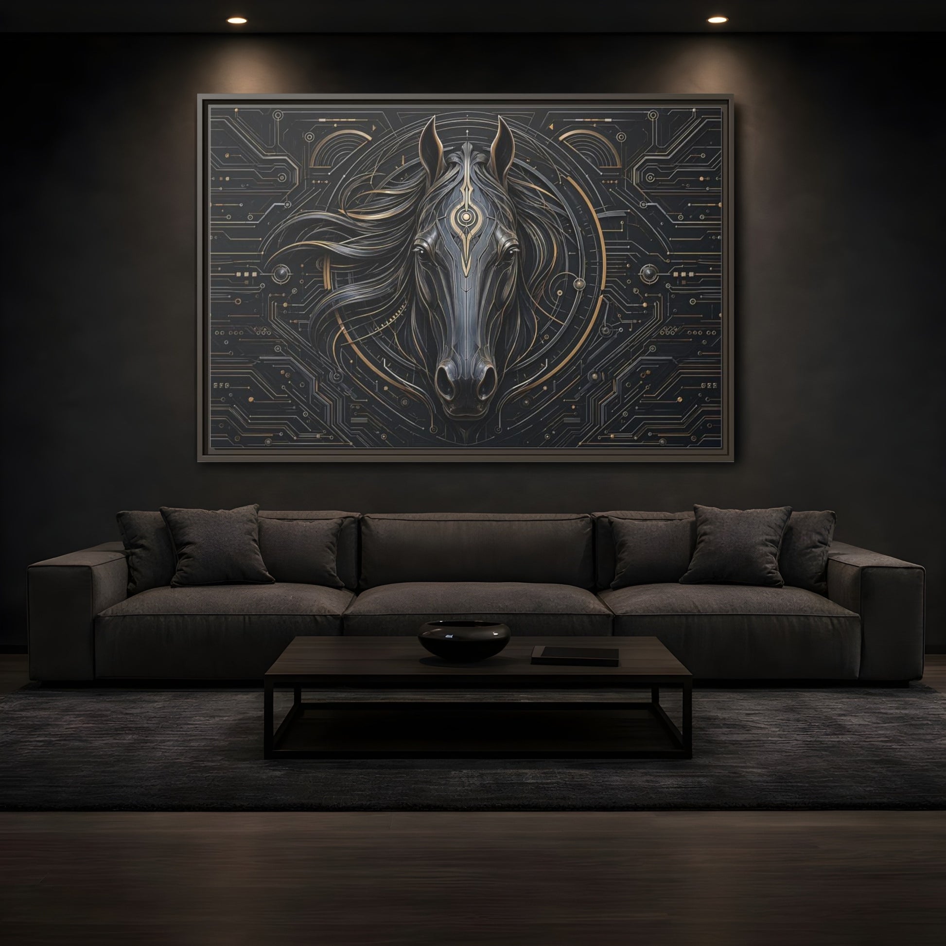 Mockup 3. Science Fiction Mechanical Horse Black And Gold shown as stretched canvas wall art