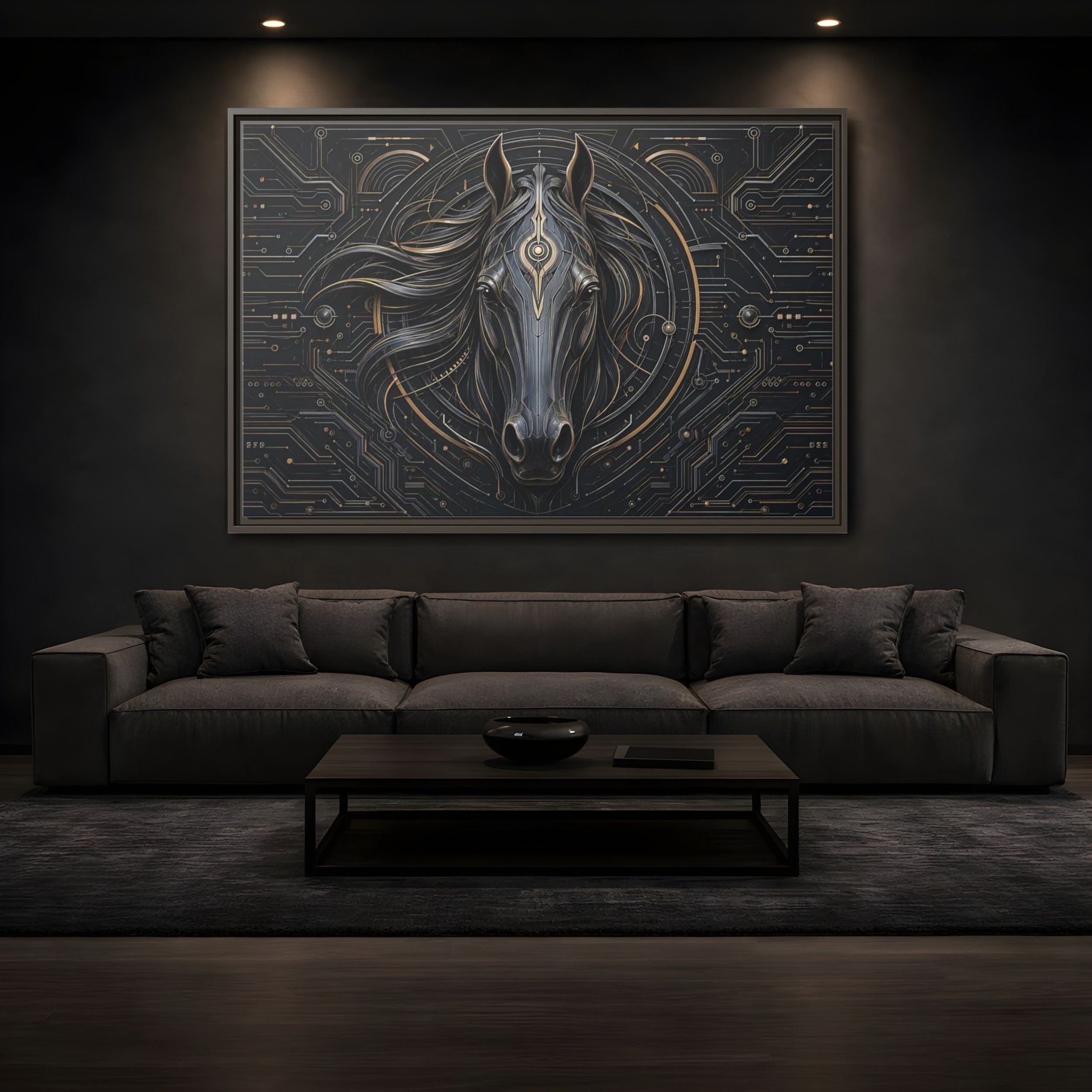 Mockup 3. Science Fiction Mechanical Horse Black And Gold shown as stretched canvas wall art