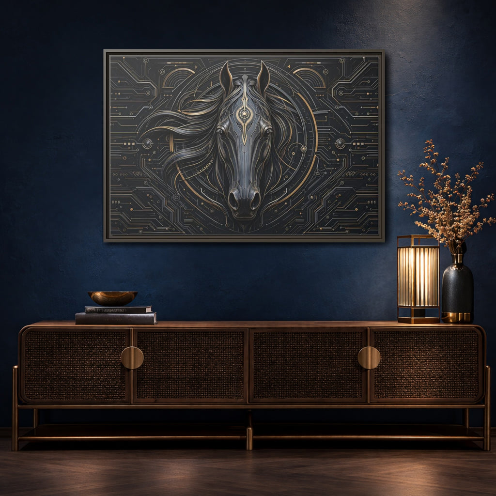 Mockup 4. Science Fiction Mechanical Horse Black And Gold shown as stretched canvas wall art