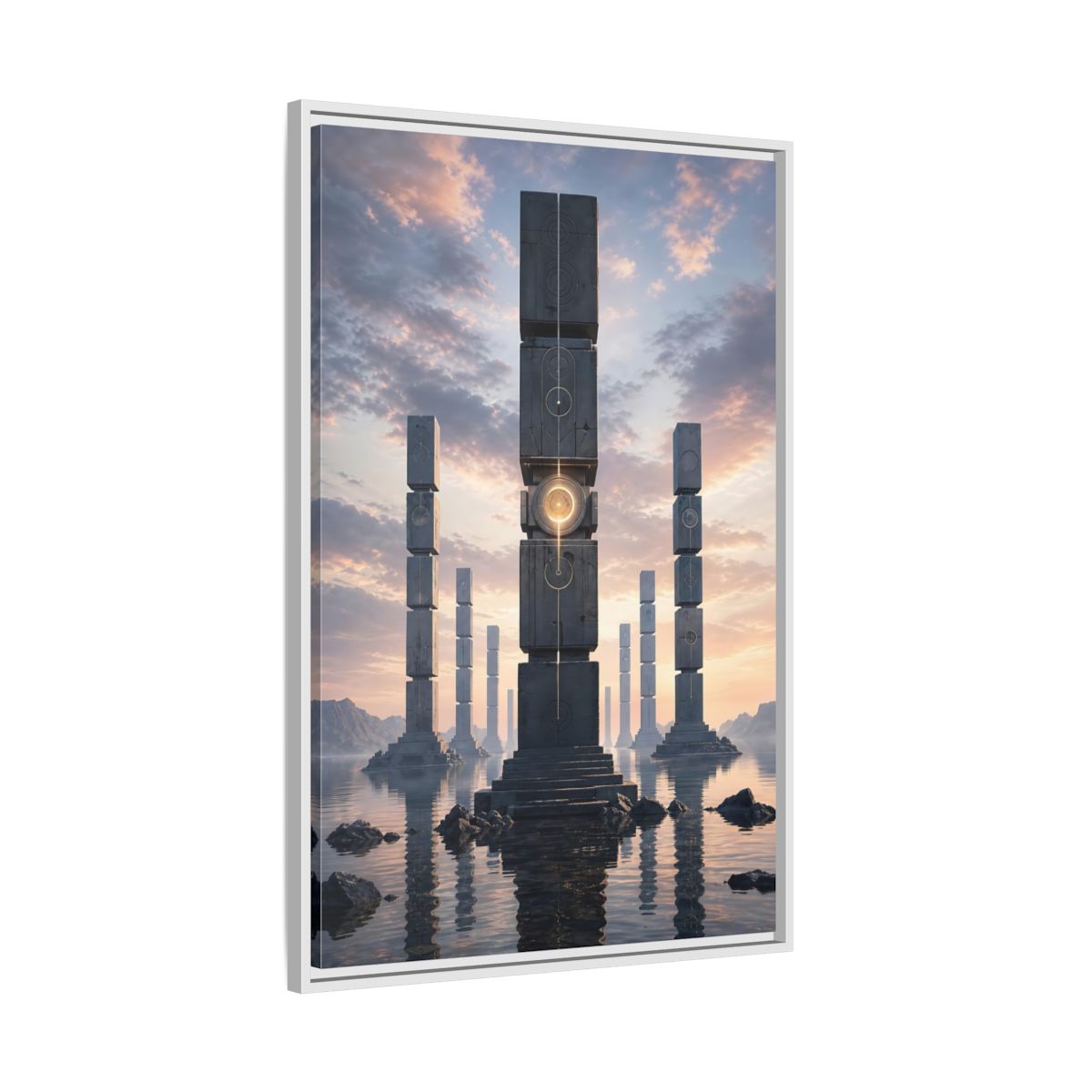 Science Fiction Monolithic Structures Grey and Framed Canvas Wall Art - Futuristic Decor for Living Room shown as canvas wall art