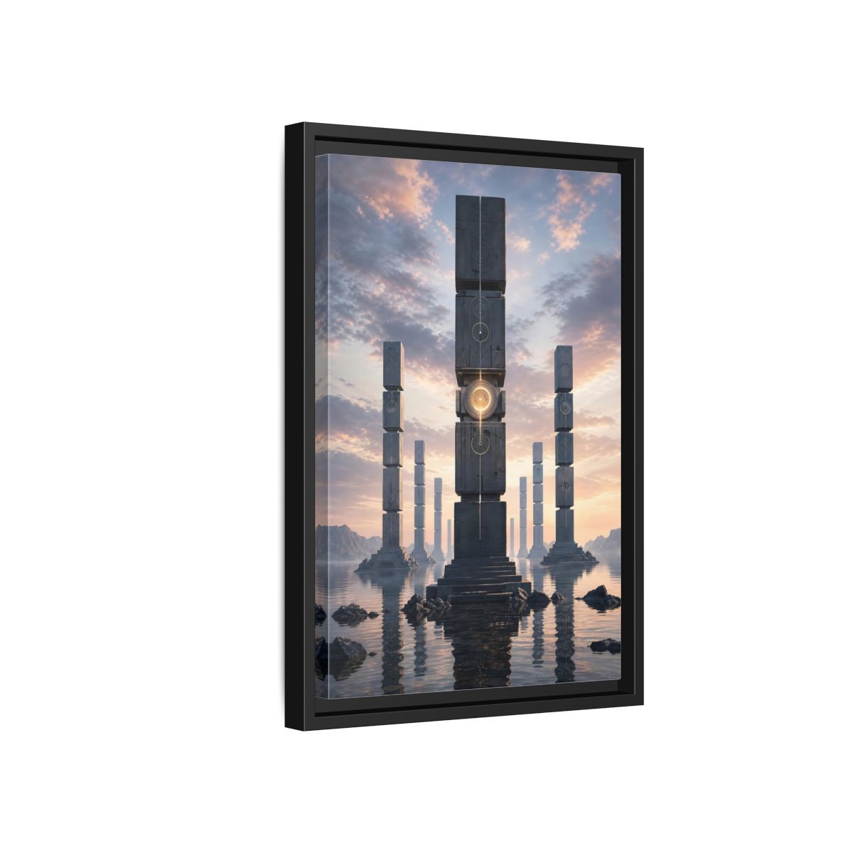 Side Mockup 6. Science Fiction Monolithic Structures Grey And Gold shown as stretched canvas wall art