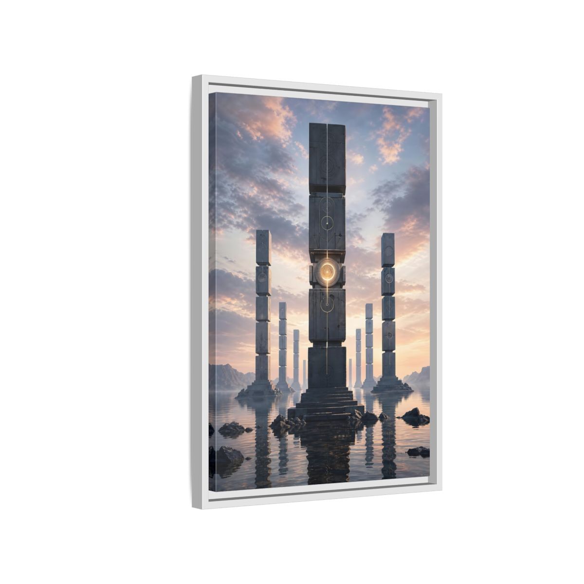 Science Fiction Monolithic Structures Grey and Framed Canvas Wall Art - Futuristic Decor for Living Room shown as canvas wall art